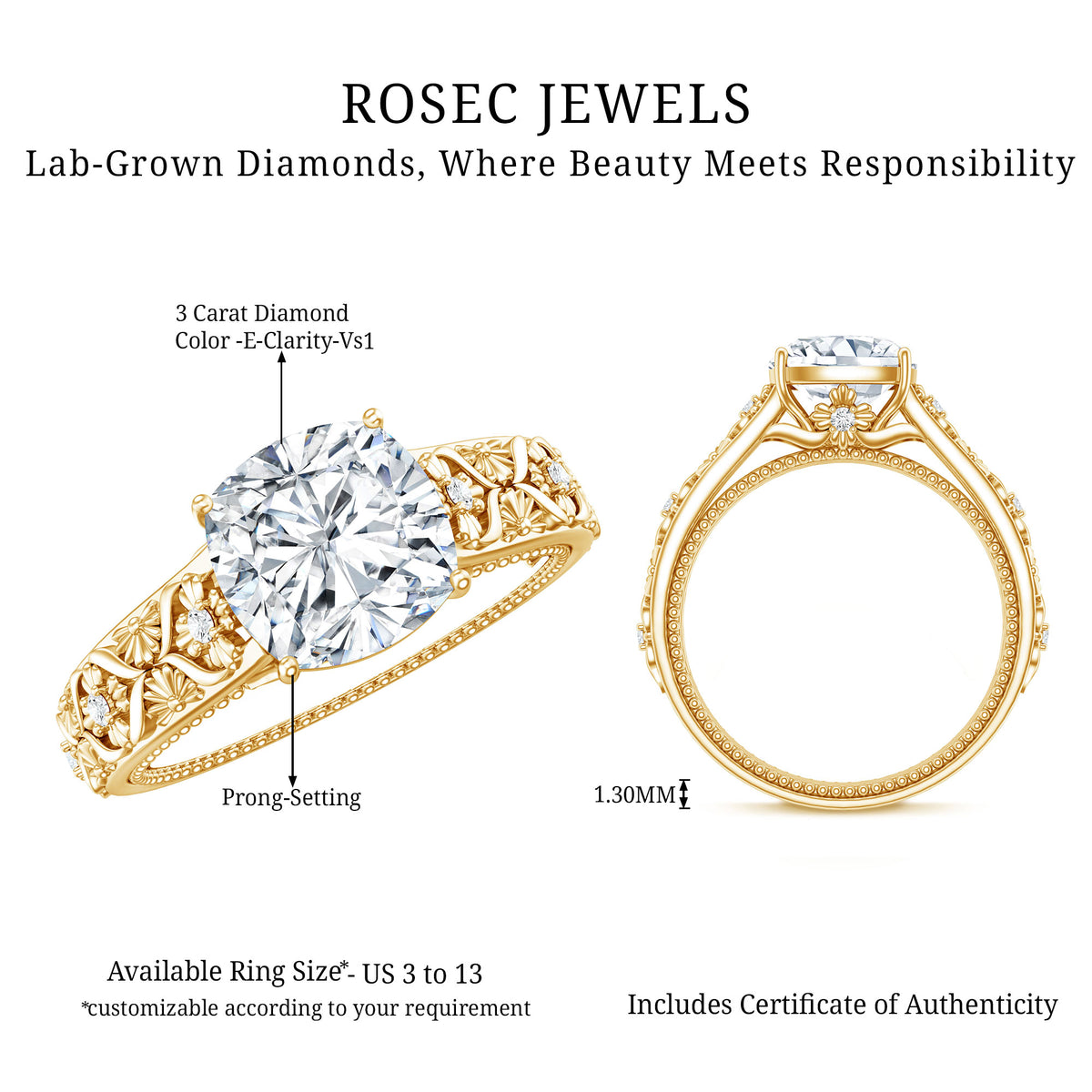 Rosec Jewels-3 Carat Cushion Cut Lab Grown Diamond Vintage Engagement Ring with IGI Certificate