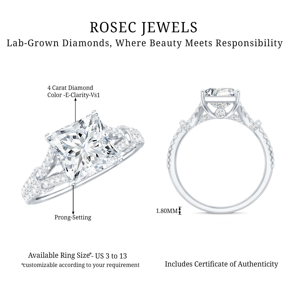 Rosec Jewels-IGI Verified 4 Carat Lab Grown Diamond Princess Cut Engagement Ring with Split Shank