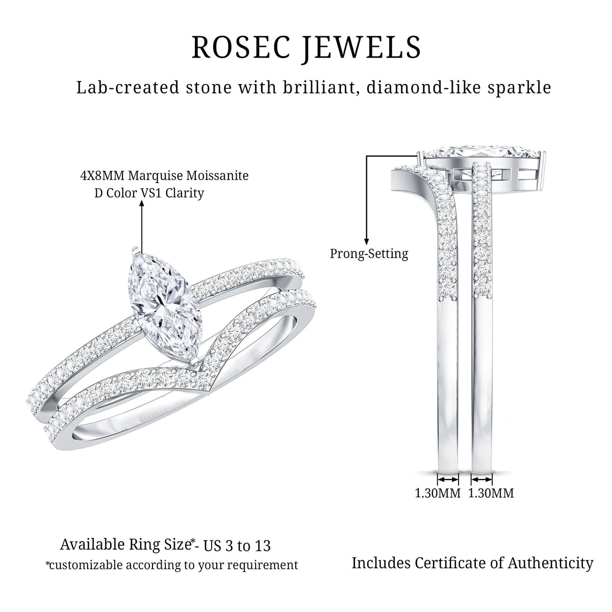 Marquise Cut Moissanite Engagement Ring with Enhancer D-VS1 - Rosec Jewels