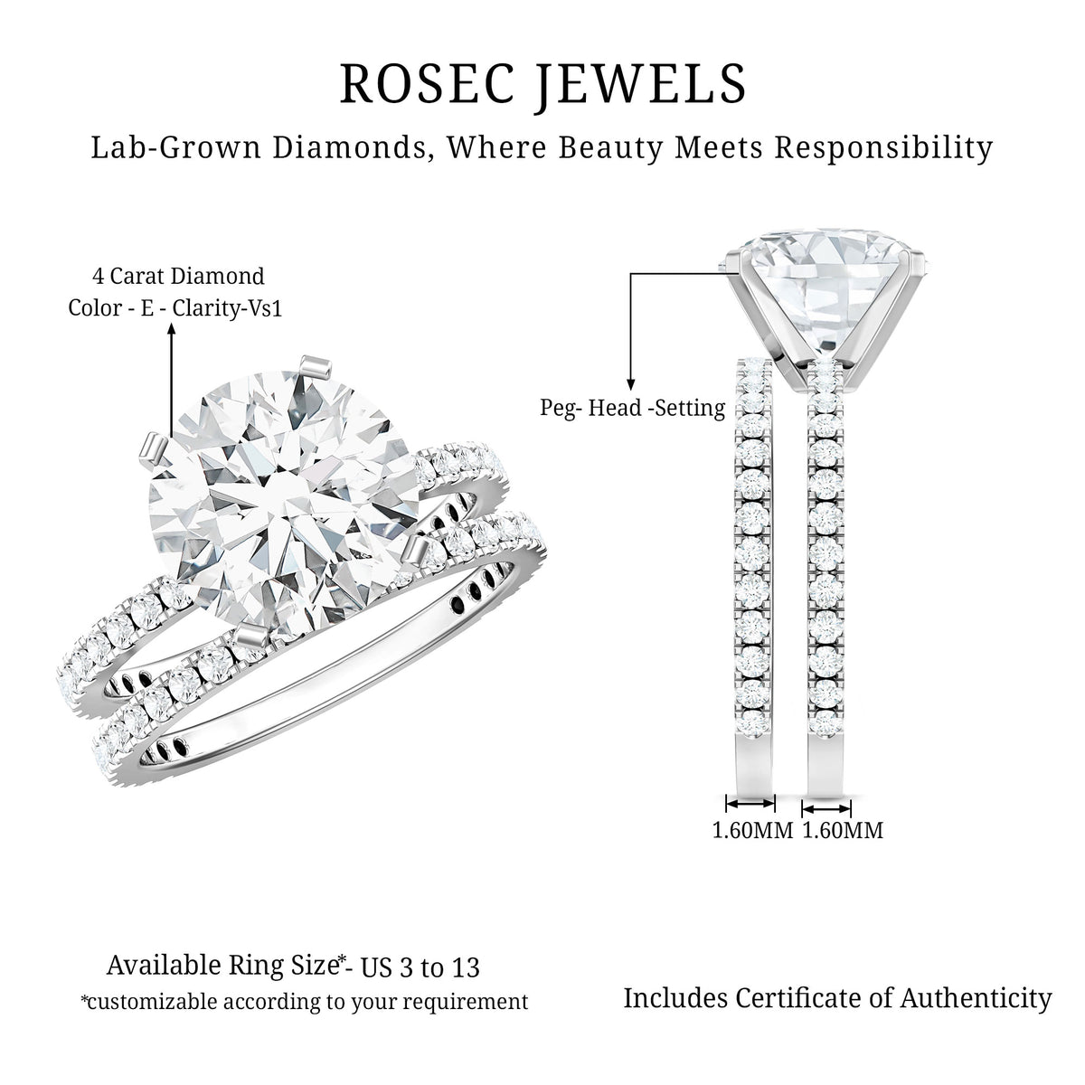 Rosec Jewels-4 Carat Lab Grown Diamond Bridal Ring Set with IGI Certificate
