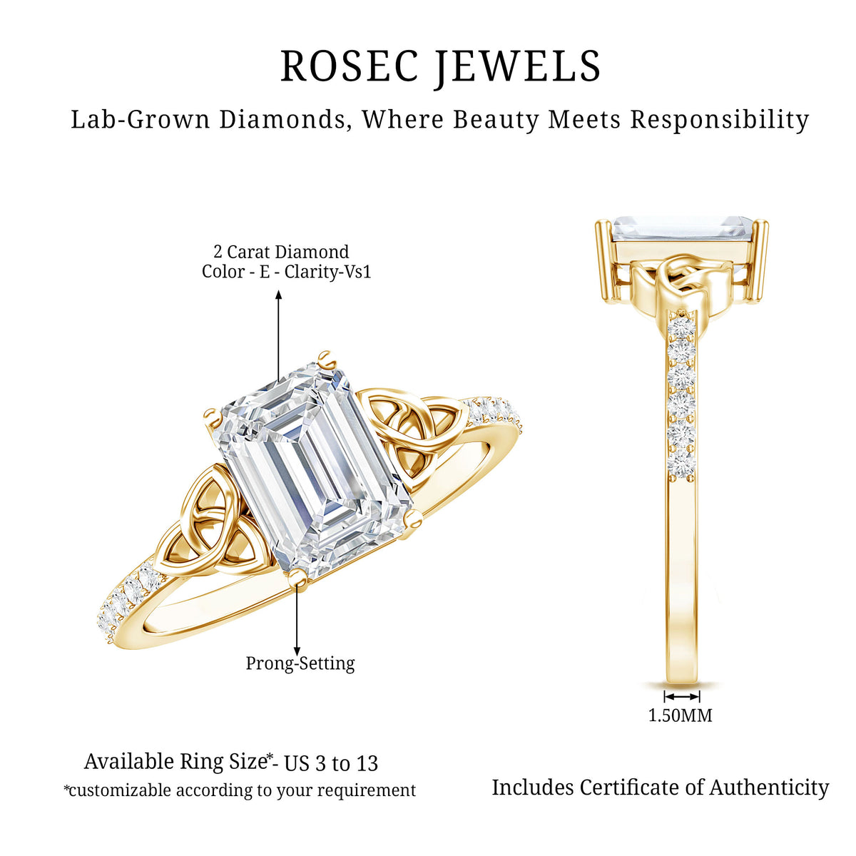 Rosec Jewels-Emerald Cut 2 Carat Lab Grown Diamond Celtic Engagement Ring IGI Certified