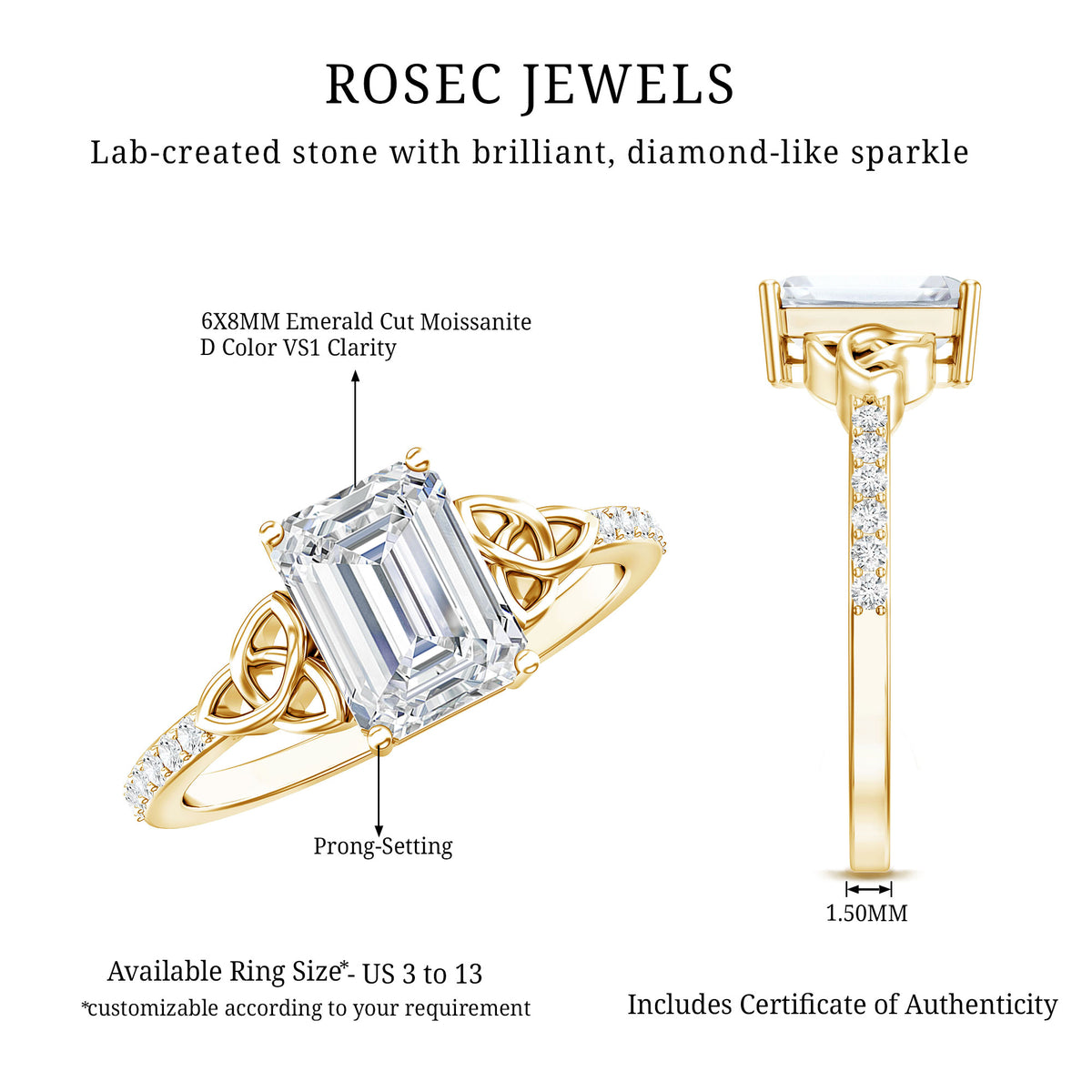 Certified Emerald Cut Moissanite Celtic Knot Engagement Ring D-VS1 - Rosec Jewels