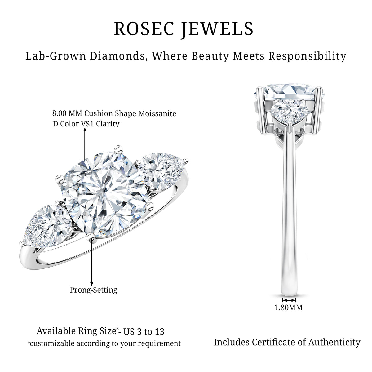3 Carat Cushion Cut Moissanite Three Stone Engagement Ring D-VS1 - Rosec Jewels