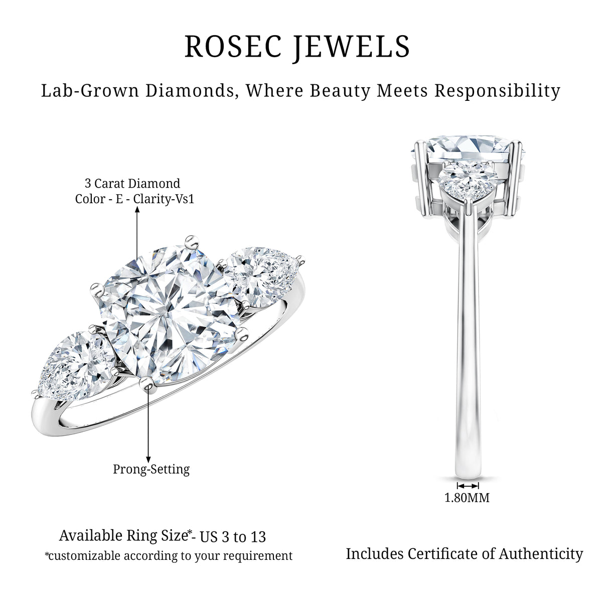 Rosec Jewels-IGI Documented 3 Carat Cushion Cut Lab Grown Diamond Journey Ring