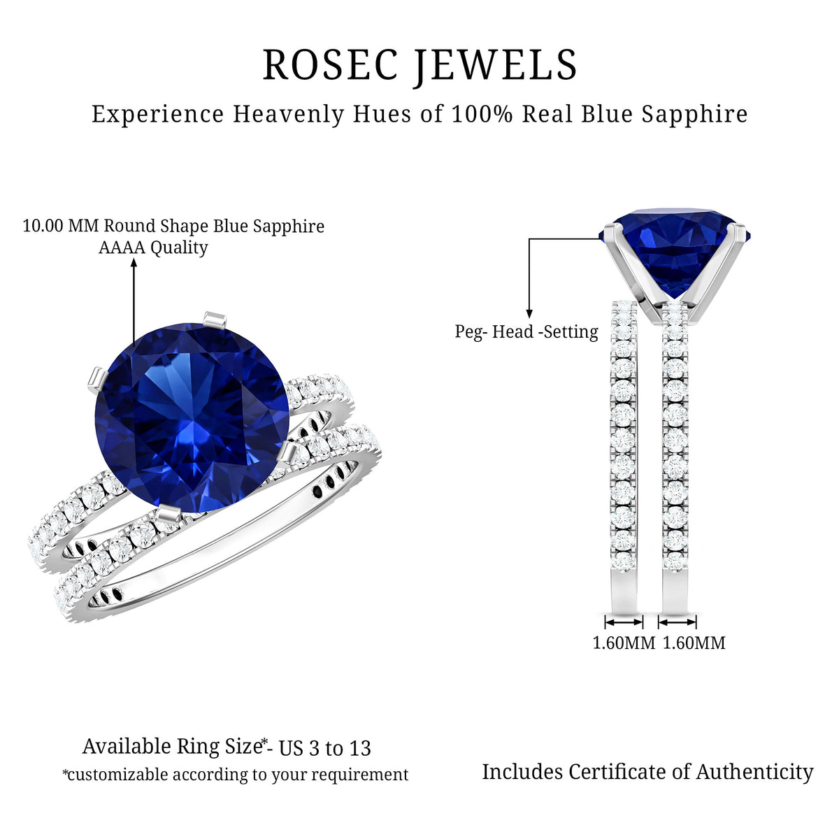 4.5 Carat Lab Created Blue Sapphire Solitaire Wedding Ring Set AAAA - Rosec Jewels