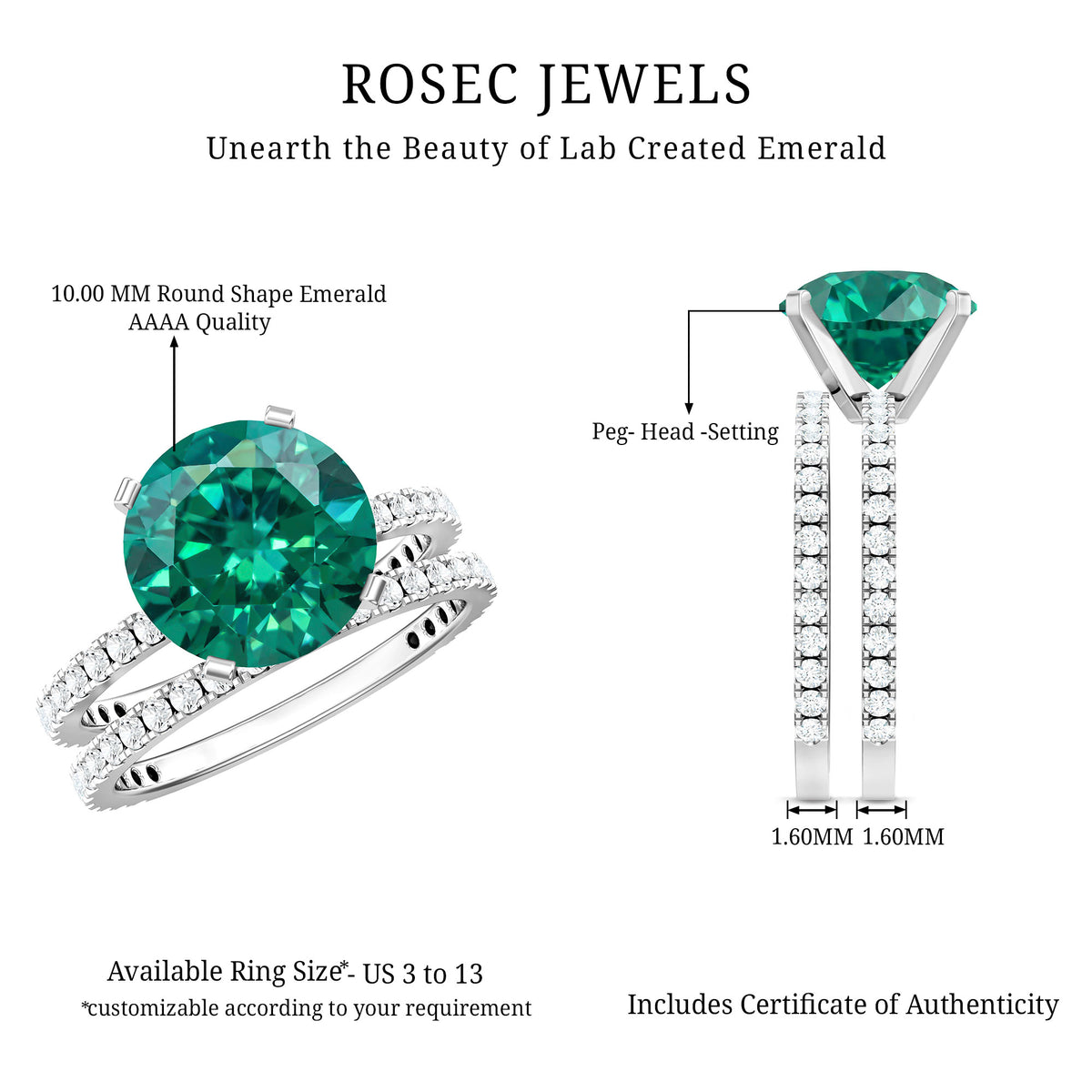 3.5 Carat Lab Created Emerald and Diamond Engagement Ring Set AAAA - Rosec Jewels