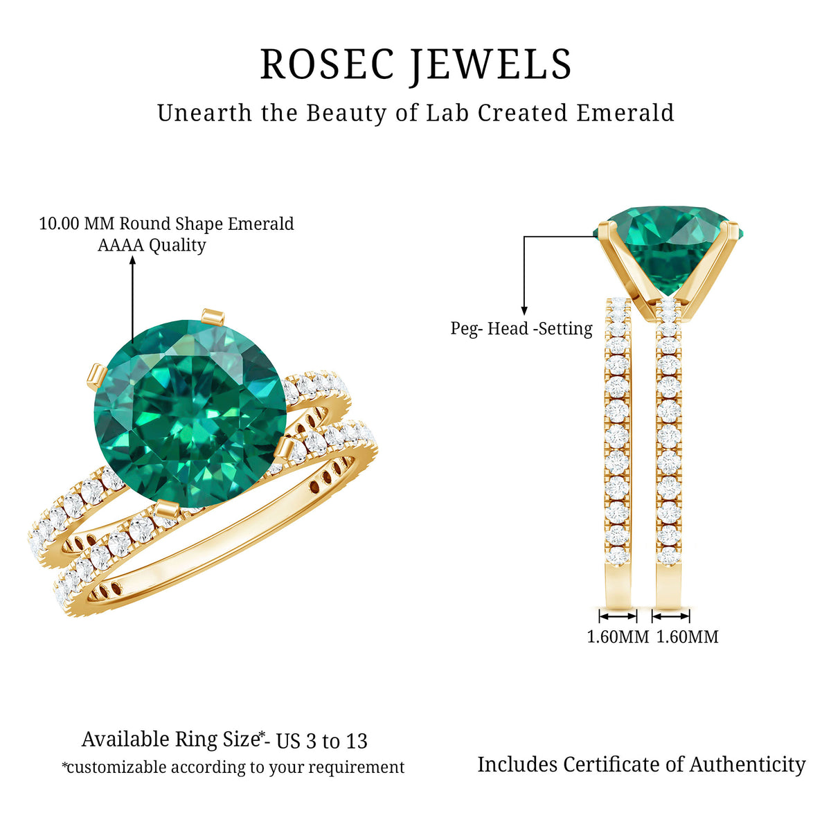 3.5 Carat Lab Created Emerald and Diamond Engagement Ring Set AAAA - Rosec Jewels