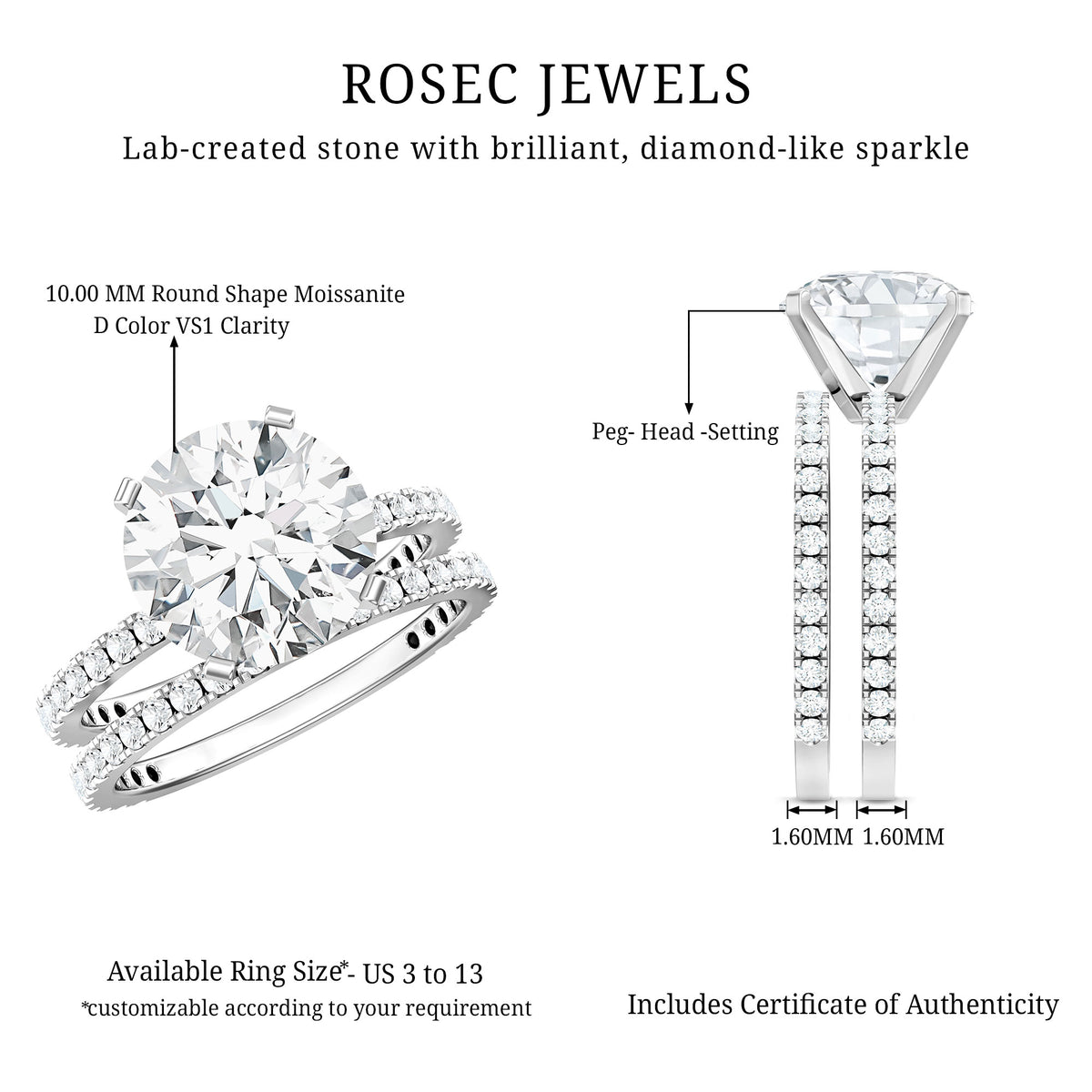 4.4 Carat Moissanite Solitaire Engagement Ring with Ring Guard D-VS1 - Rosec Jewels