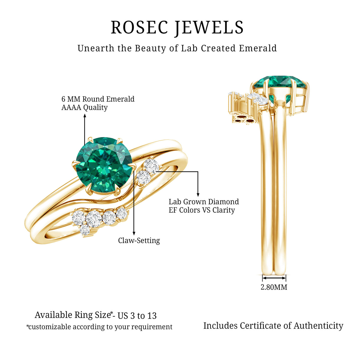 0.8 Carat Lab Grown Emerald and Diamond Wedding Ring Set for Women AAAA - Rosec Jewels