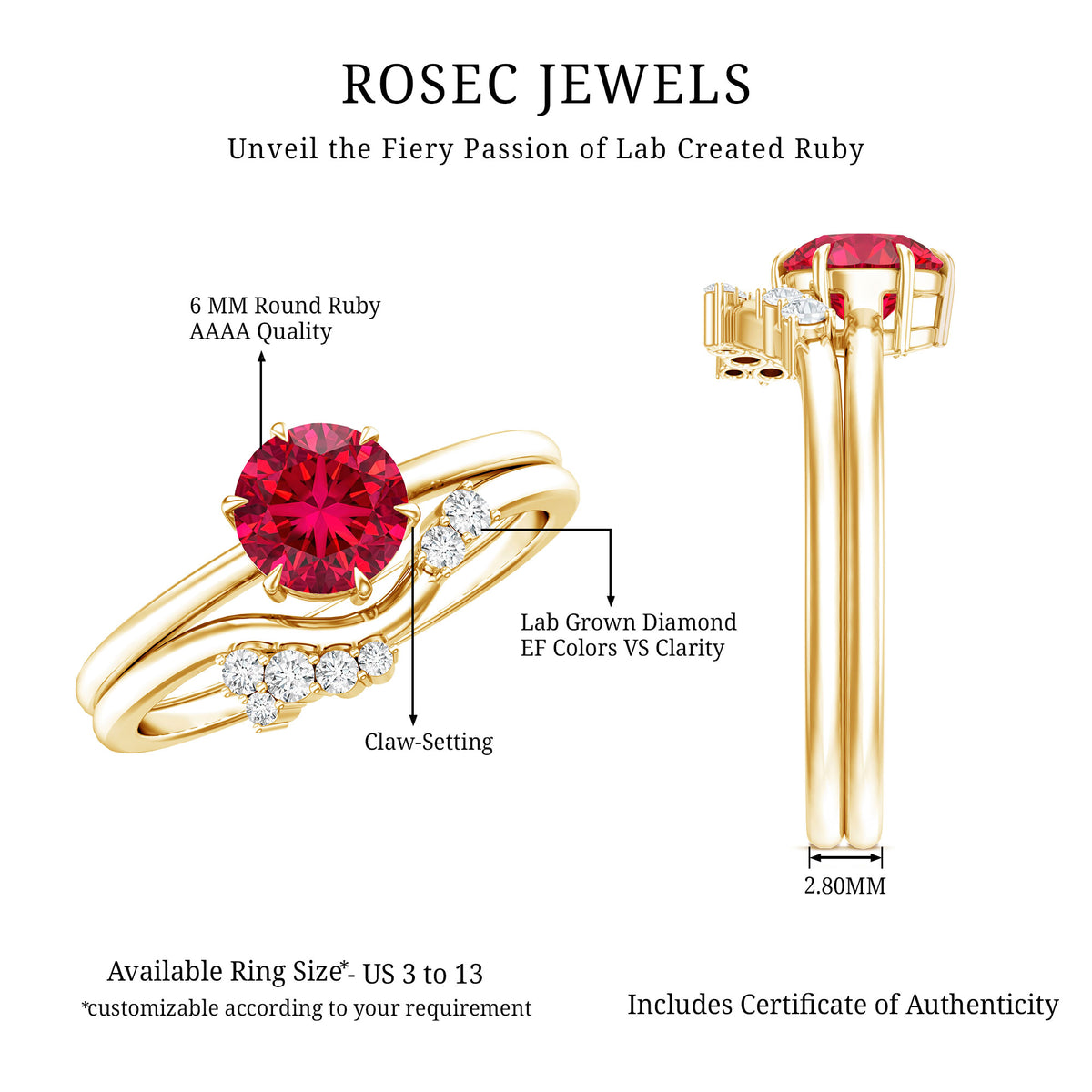 1.3 Carat Lab Grown Ruby and Diamond Engagement Wedding Ring Set of 2 AAAA - Rosec Jewels