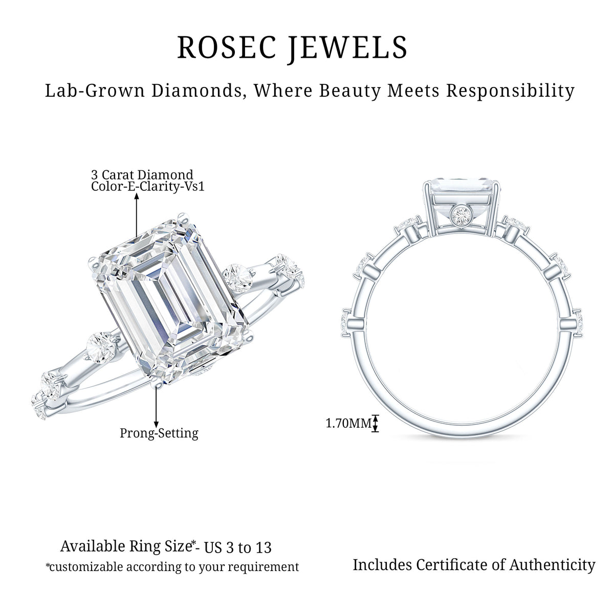 Rosec Jewels-Lab Grown 3 Carat Diamond Emerald Cut Engagement Ring with IGI Certificate