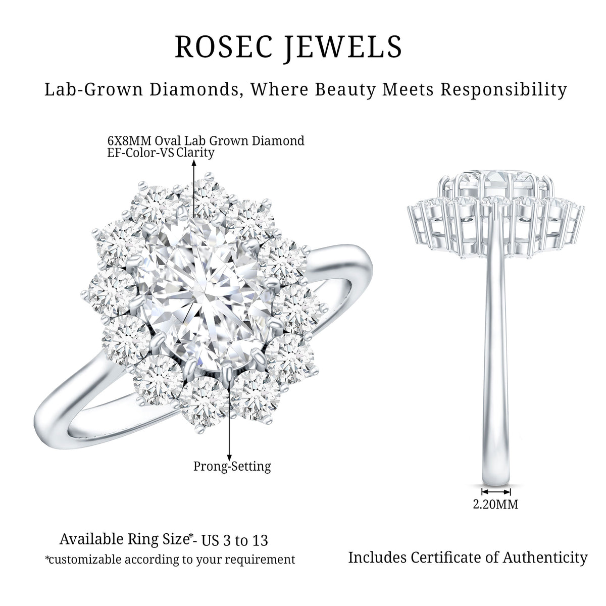 Certified Lab Grown 1 Carat Diamond Oval Halo Engagement Ring Lab - ( EF-VS ) - Rosec Jewels