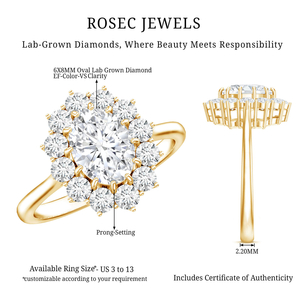 Certified Lab Grown 1 Carat Diamond Oval Halo Engagement Ring Lab - ( EF-VS ) - Rosec Jewels