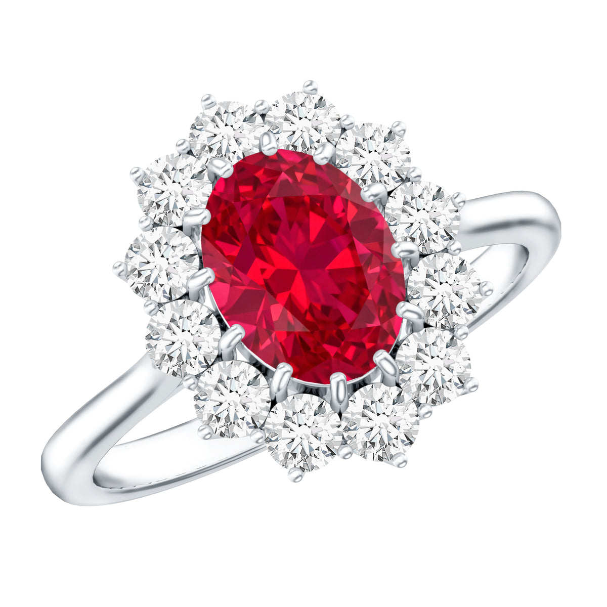 1.5 Carat Lab Grown Ruby Oval Engagement Ring with Diamond Halo AAAA - Rosec Jewels