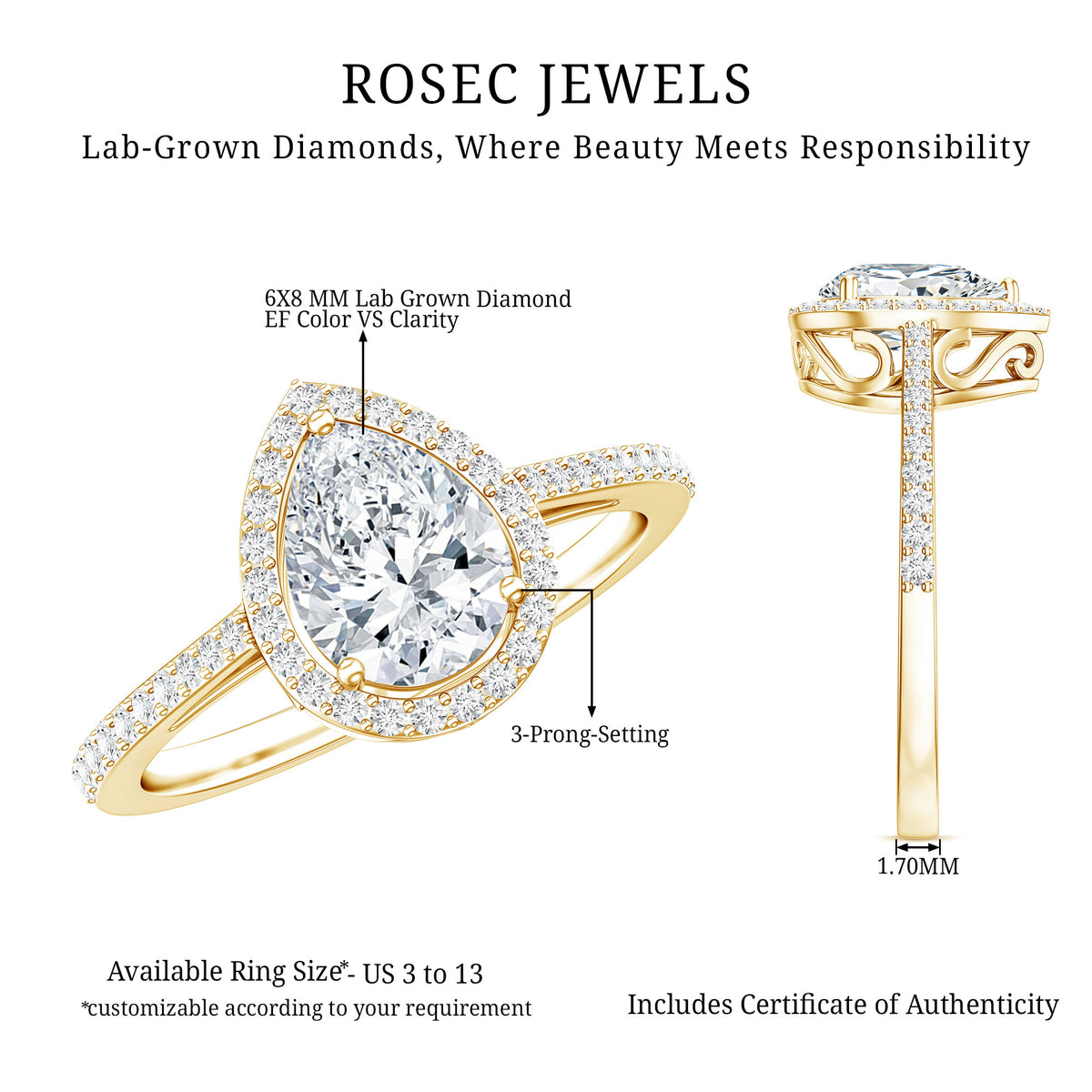 1.3 Carat Lab Grown Diamond Pear Halo Engagement Ring for Women Lab - ( EF-VS ) - Rosec Jewels