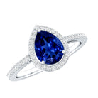 1.6 Carat Pear Shaped Lab Grown Blue Sapphire and Diamond Halo Engagement Ring AAAA - Rosec Jewels