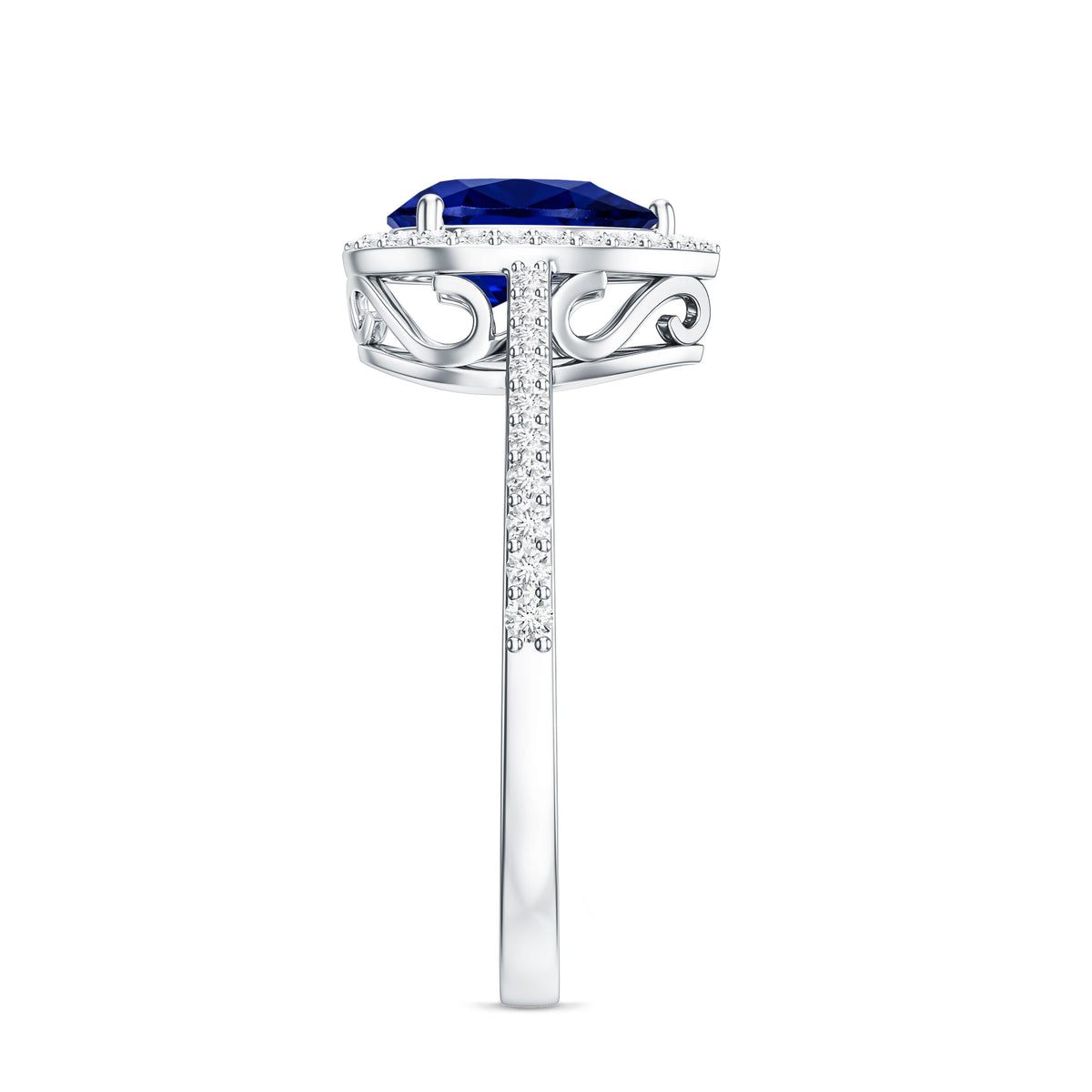 1.6 Carat Pear Shaped Lab Grown Blue Sapphire and Diamond Halo Engagement Ring AAAA - Rosec Jewels