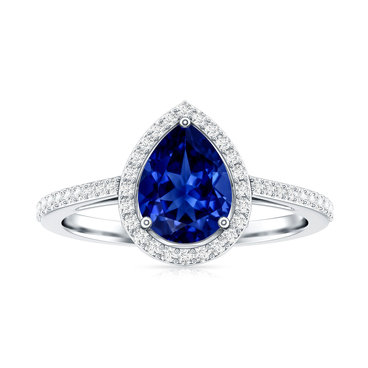1.6 Carat Pear Shaped Lab Grown Blue Sapphire and Diamond Halo Engagement Ring AAAA - Rosec Jewels
