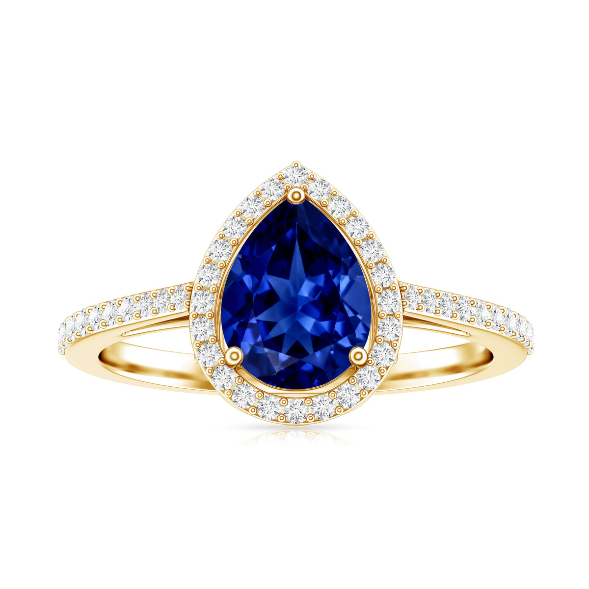 1.6 Carat Pear Shaped Lab Grown Blue Sapphire and Diamond Halo Engagement Ring AAAA - Rosec Jewels