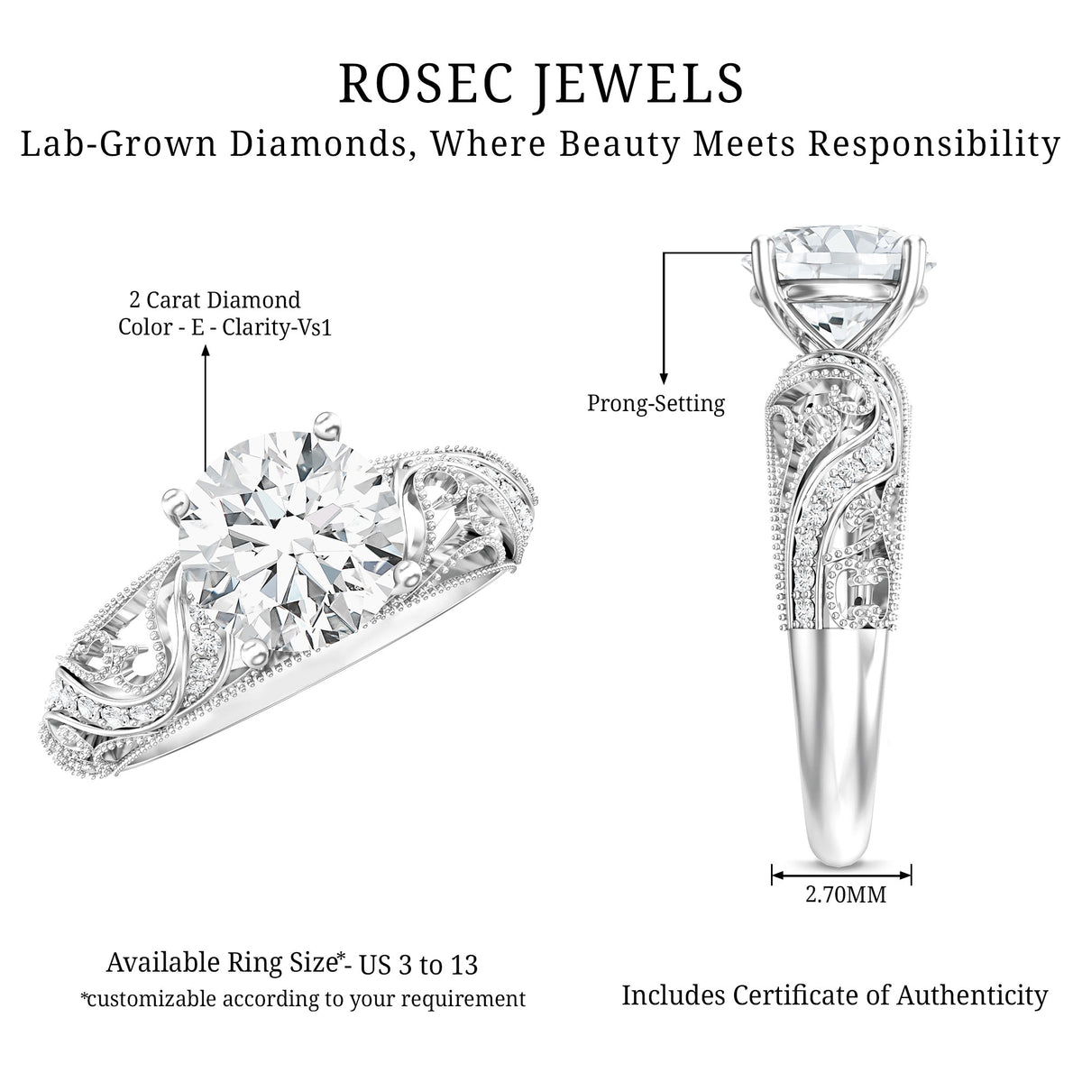 IGI Certified 2 Carat Lab Grown Diamond Vintage Looking Engagement Ring Lab - ( E-VS1 ) - Rosec Jewels