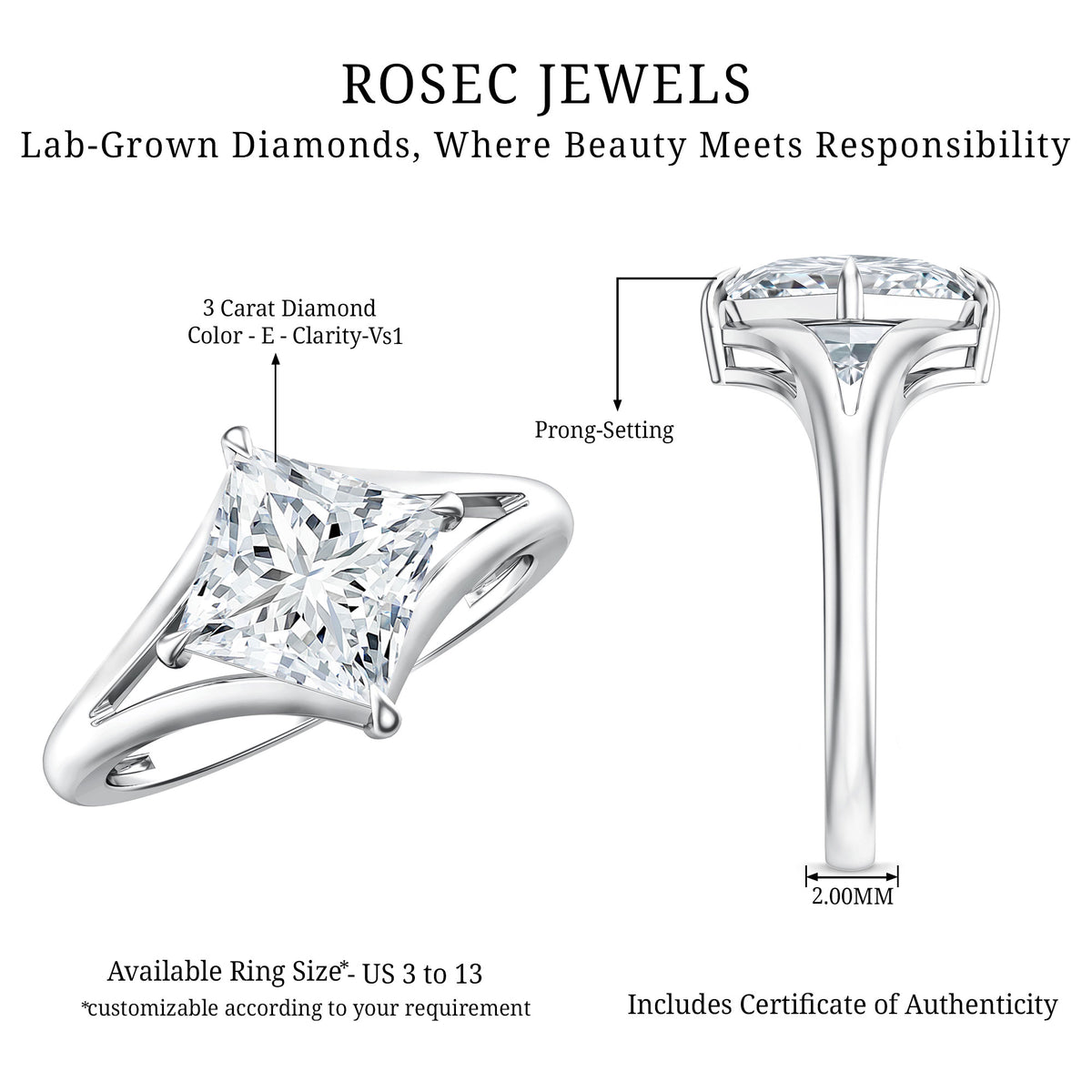 Solitaire Lab Grown 3 Carat Diamond Princess Cut Engagement Ring IGI Verified Lab - ( E-VS1 ) - Rosec Jewels
