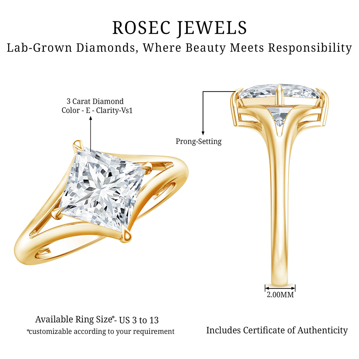 Solitaire Lab Grown 3 Carat Diamond Princess Cut Engagement Ring IGI Verified Lab - ( E-VS1 ) - Rosec Jewels