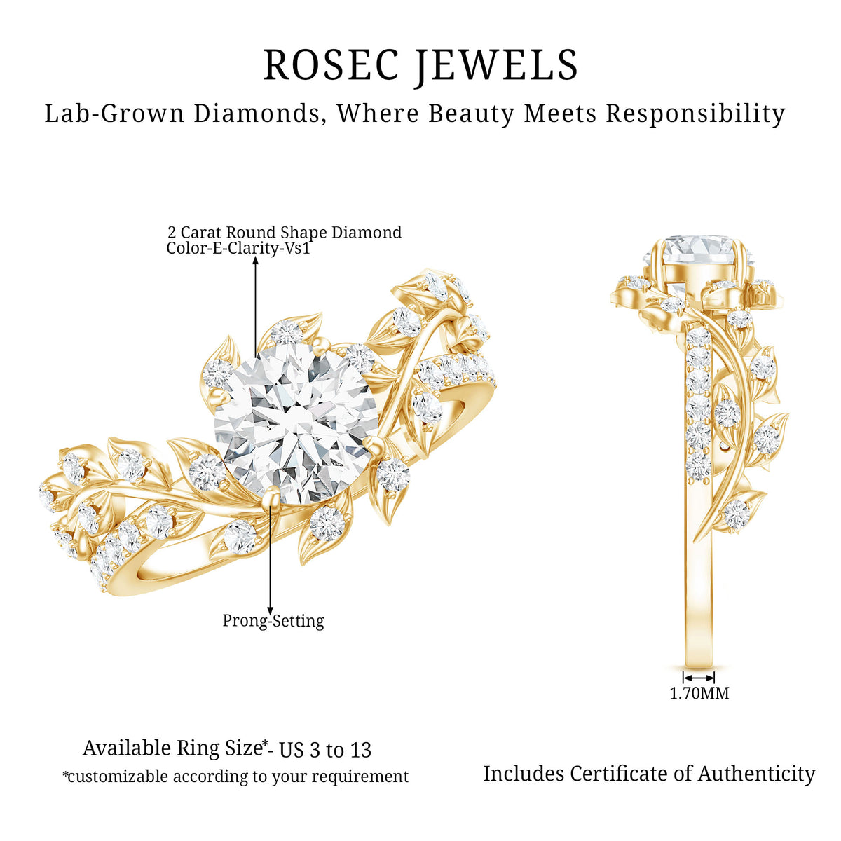 IGI Verified Nature Inspired Engagement Ring with 2 Carat Lab Grown Diamond Lab - ( E-VS1 ) - Rosec Jewels