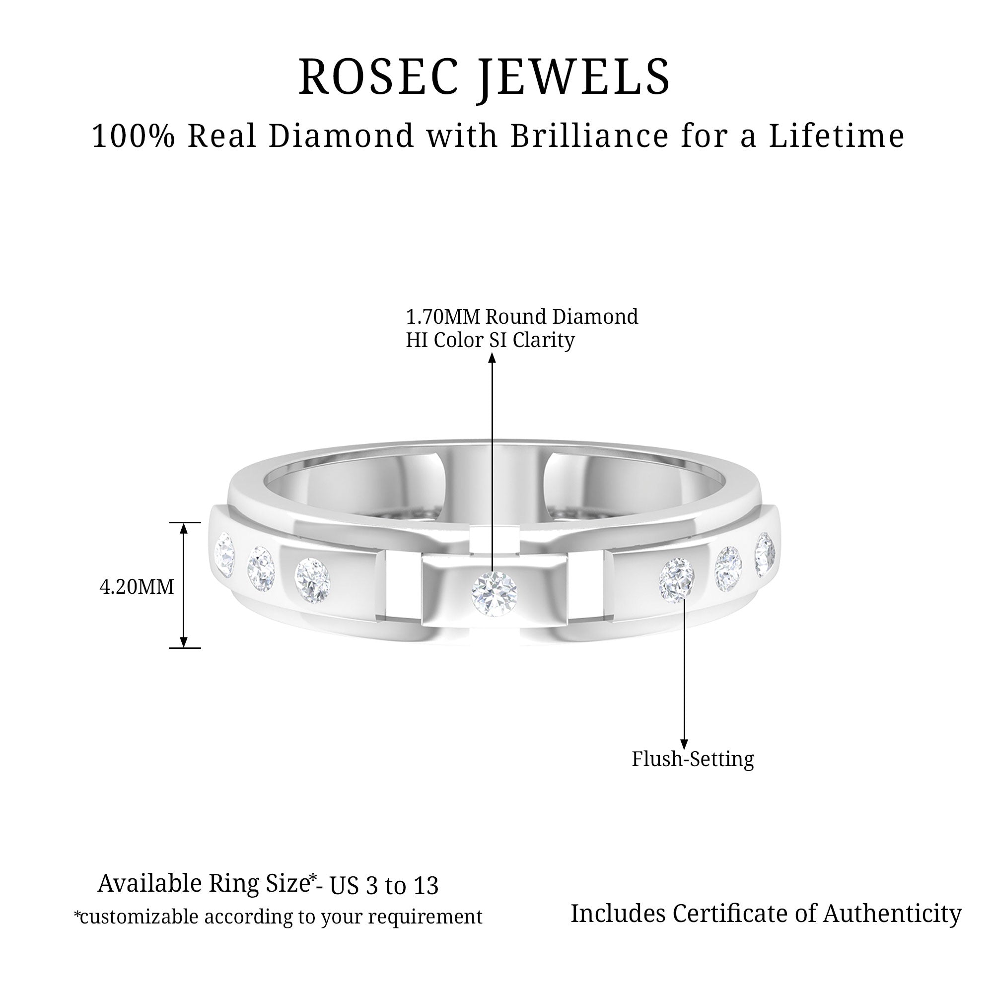 Admiring Diamond and Gold Two Tone Unisex Band Ring Diamond - ( HI-SI ) - Color and Clarity - Rosec Jewels