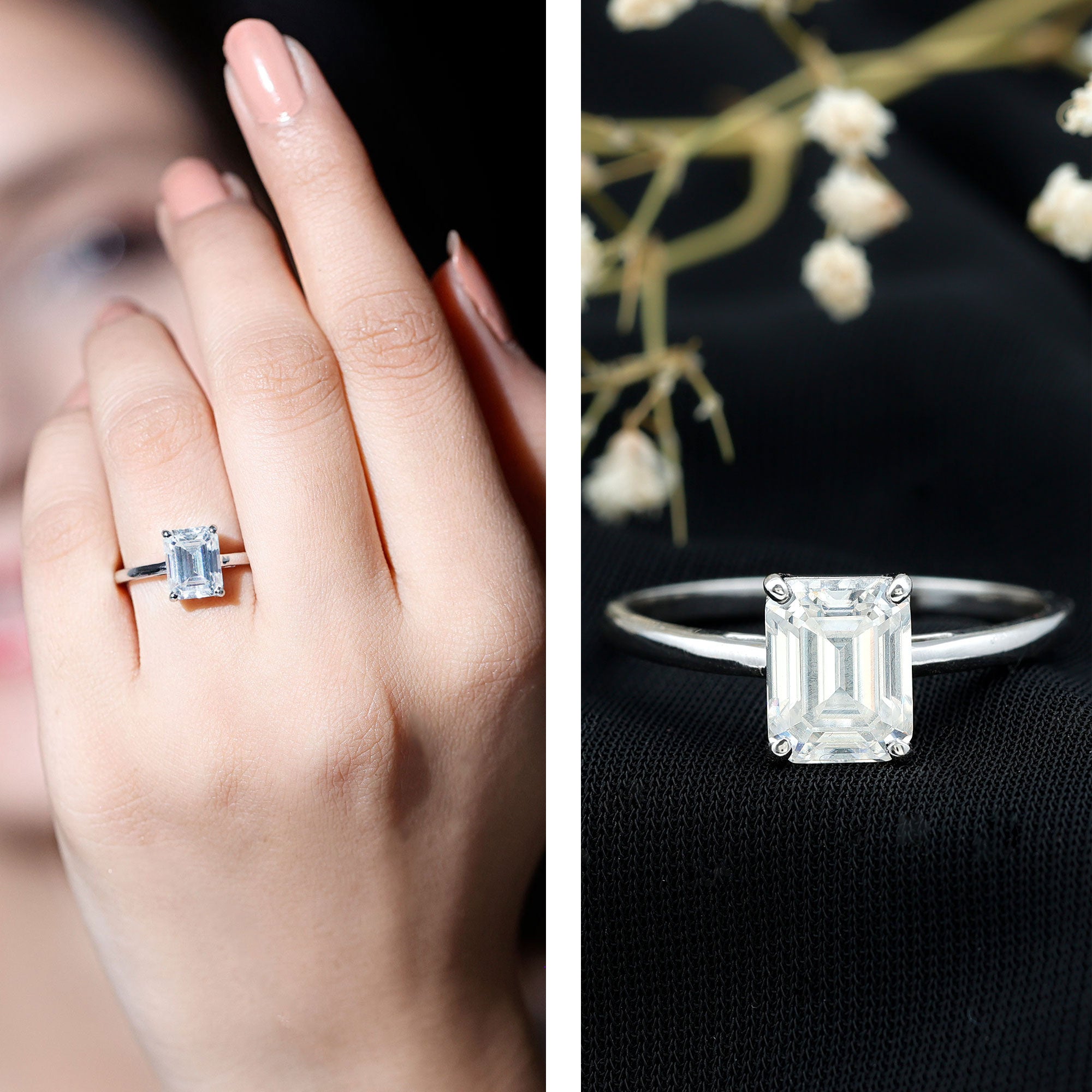 Rosec Jewels-Certified 7X9mm Moissanite Emerald Cut Engagement Ring