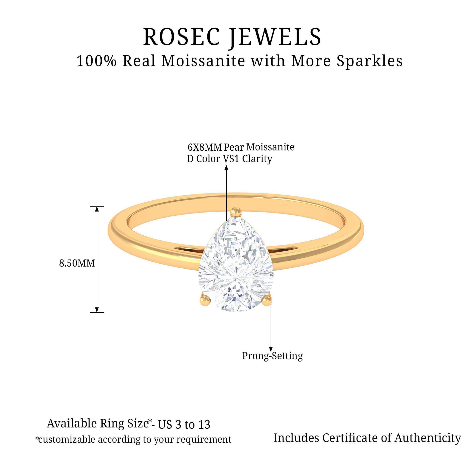 3 Prong Set 6X8 MM Pear Cut Moissanite Solitaire Ring for Women Moissanite - ( D-VS1 ) - Color and Clarity - Rosec Jewels