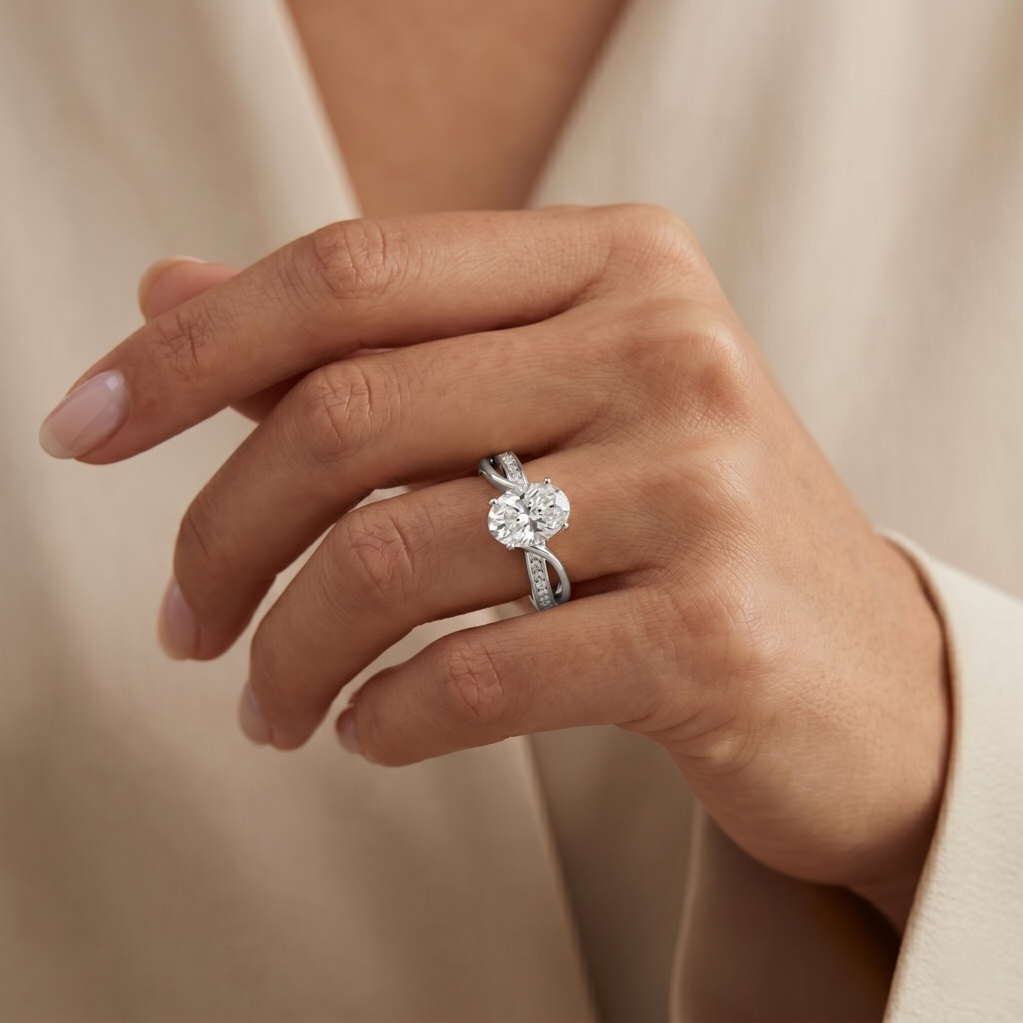 1 Carat Certified Moissanite Oval Engagement Ring with Infinity Band D-VS1 - Rosec Jewels