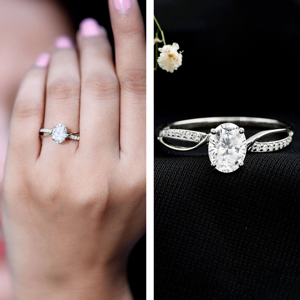 1 Carat Certified Moissanite Oval Engagement Ring with Infinity Band D-VS1 - Rosec Jewels
