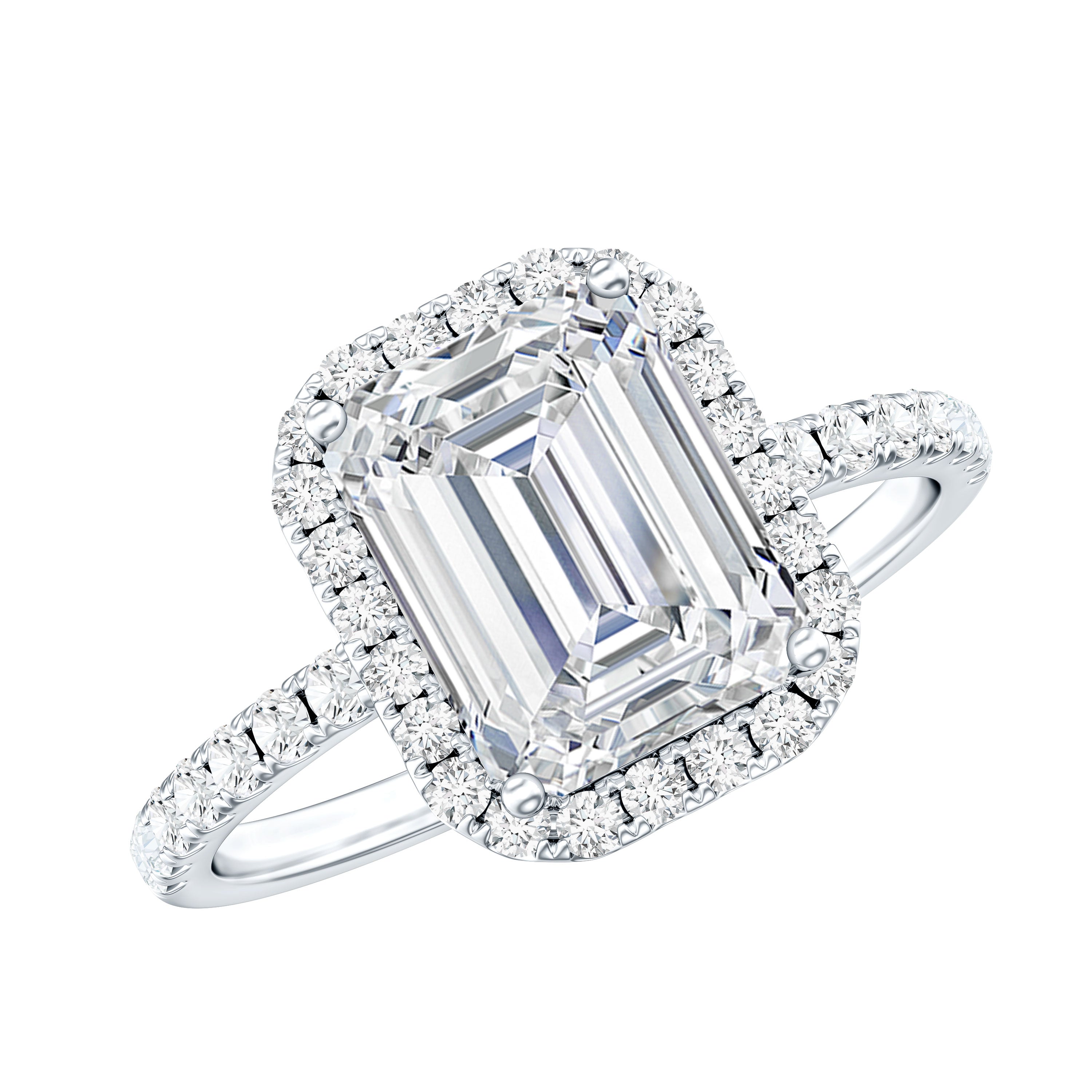 Certified Moissanite Emerald Cut Engagement Ring With Halo D-VS1 - Rosec Jewels