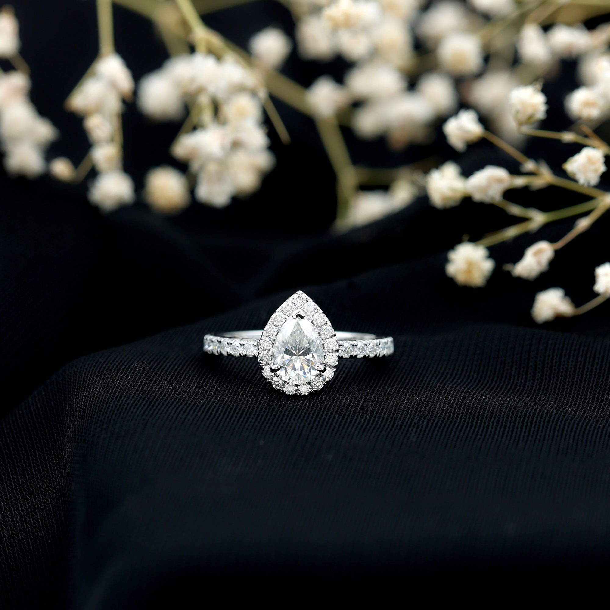 Certified Moissanite Teardrop Engagement Ring with Halo D-VS1 - Rosec Jewels