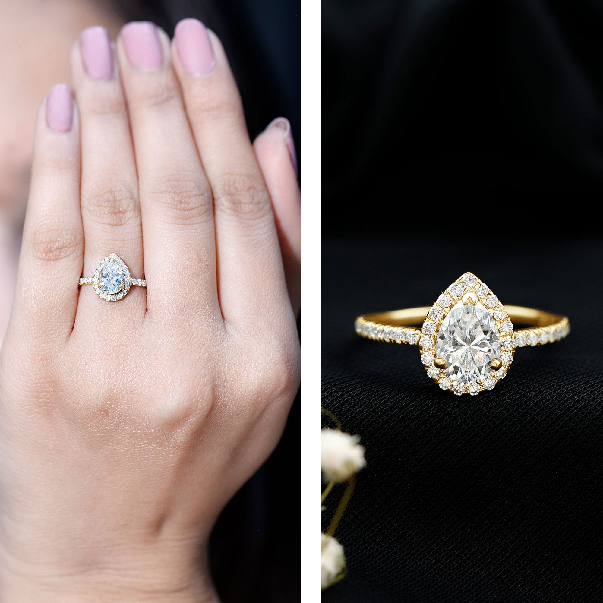 Pear Shape Moissanite Halo Engagement Ring for Women D-VS1 - Rosec Jewels