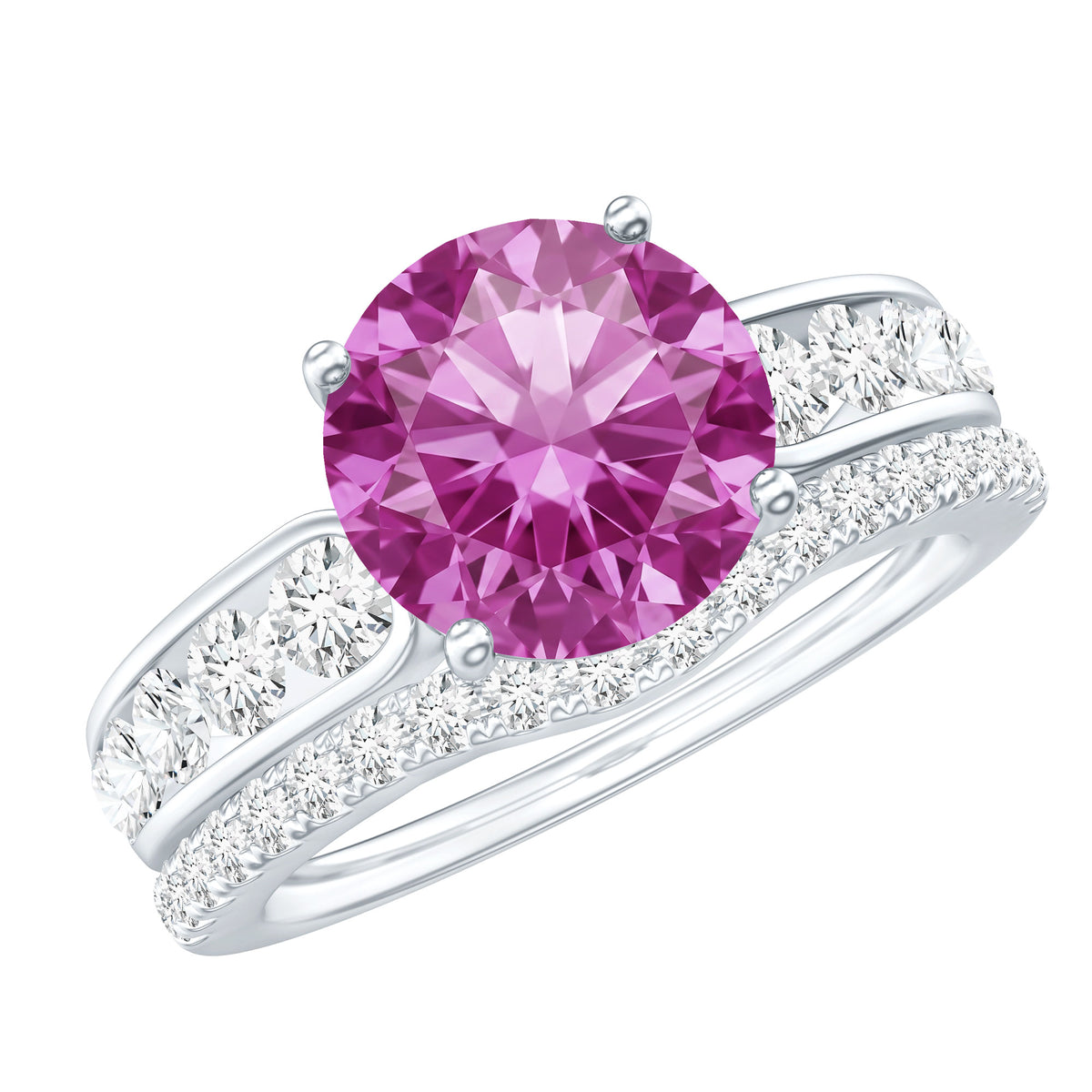 2.25 Carat Lab Grown Pink Sapphire Solitaire Bridal Ring Set AAAA - Rosec Jewels