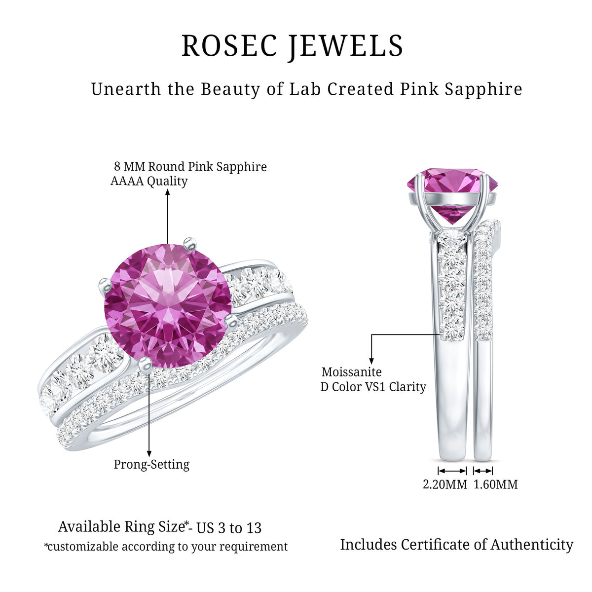 2.25 Carat Lab Grown Pink Sapphire Solitaire Bridal Ring Set AAAA - Rosec Jewels