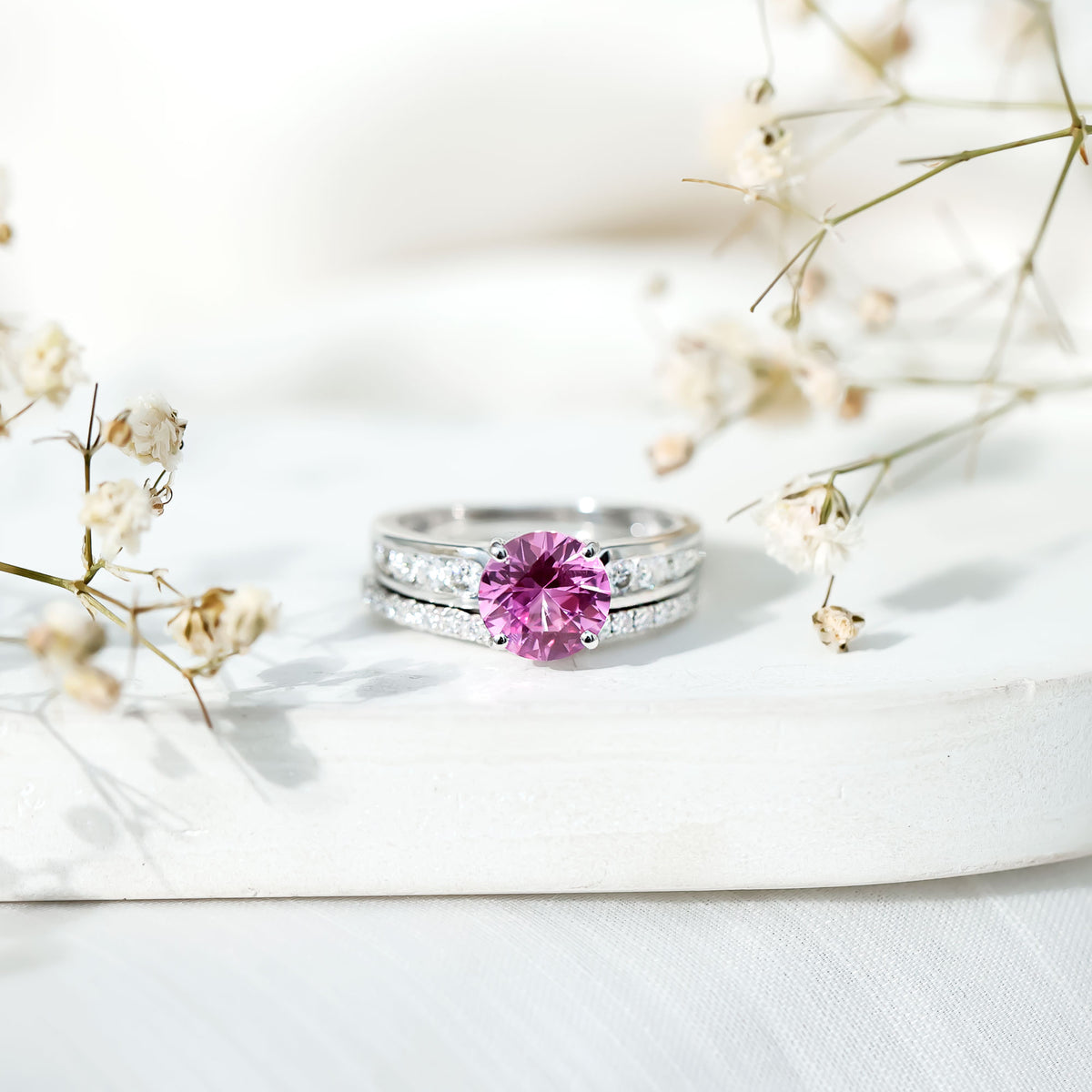 2.25 Carat Lab Grown Pink Sapphire Solitaire Bridal Ring Set AAAA - Rosec Jewels
