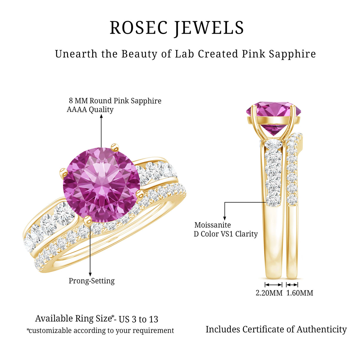 2.25 Carat Lab Grown Pink Sapphire Solitaire Bridal Ring Set AAAA - Rosec Jewels
