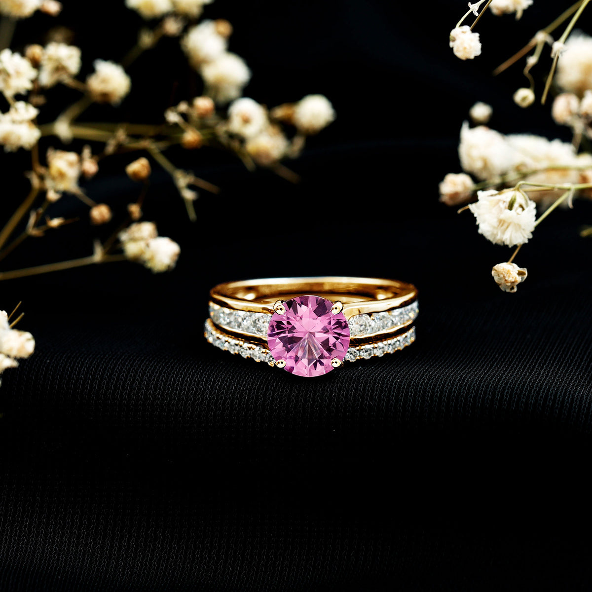 2.25 Carat Lab Grown Pink Sapphire Solitaire Bridal Ring Set AAAA - Rosec Jewels