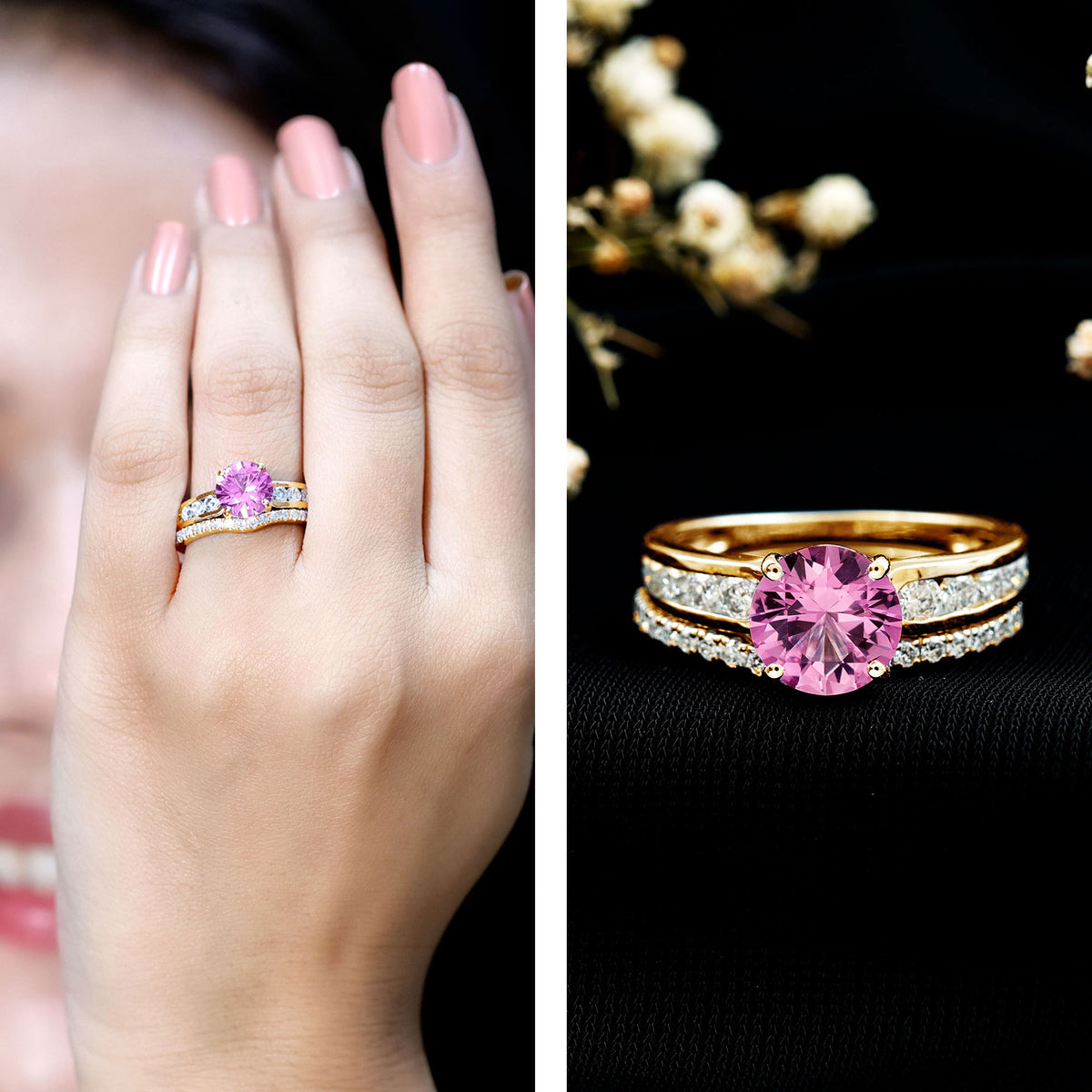 2.25 Carat Lab Grown Pink Sapphire Solitaire Bridal Ring Set AAAA - Rosec Jewels