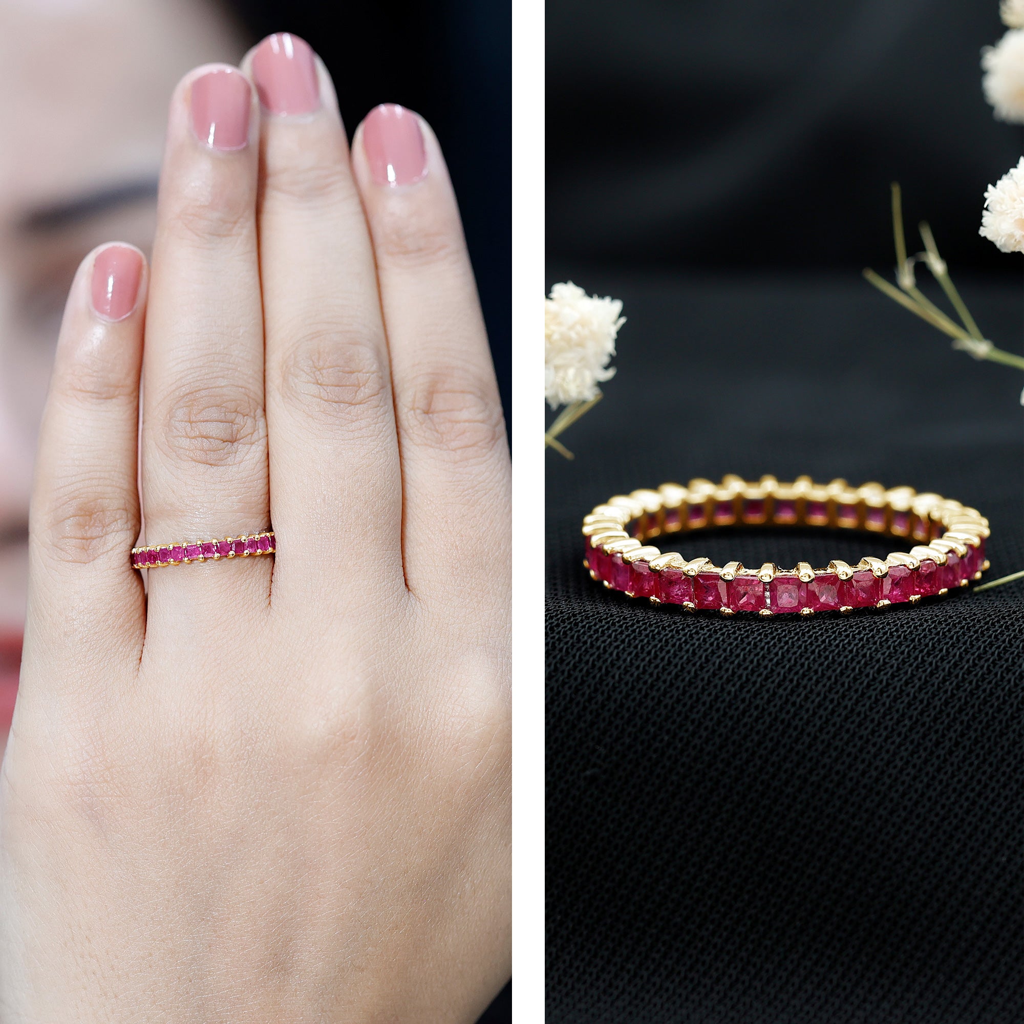 Princess Cut Ruby Eternity Ring – Thin Ruby Wedding Band in Shared Prong Setting | Real AAA Ruby AAA - Rosec Jewels