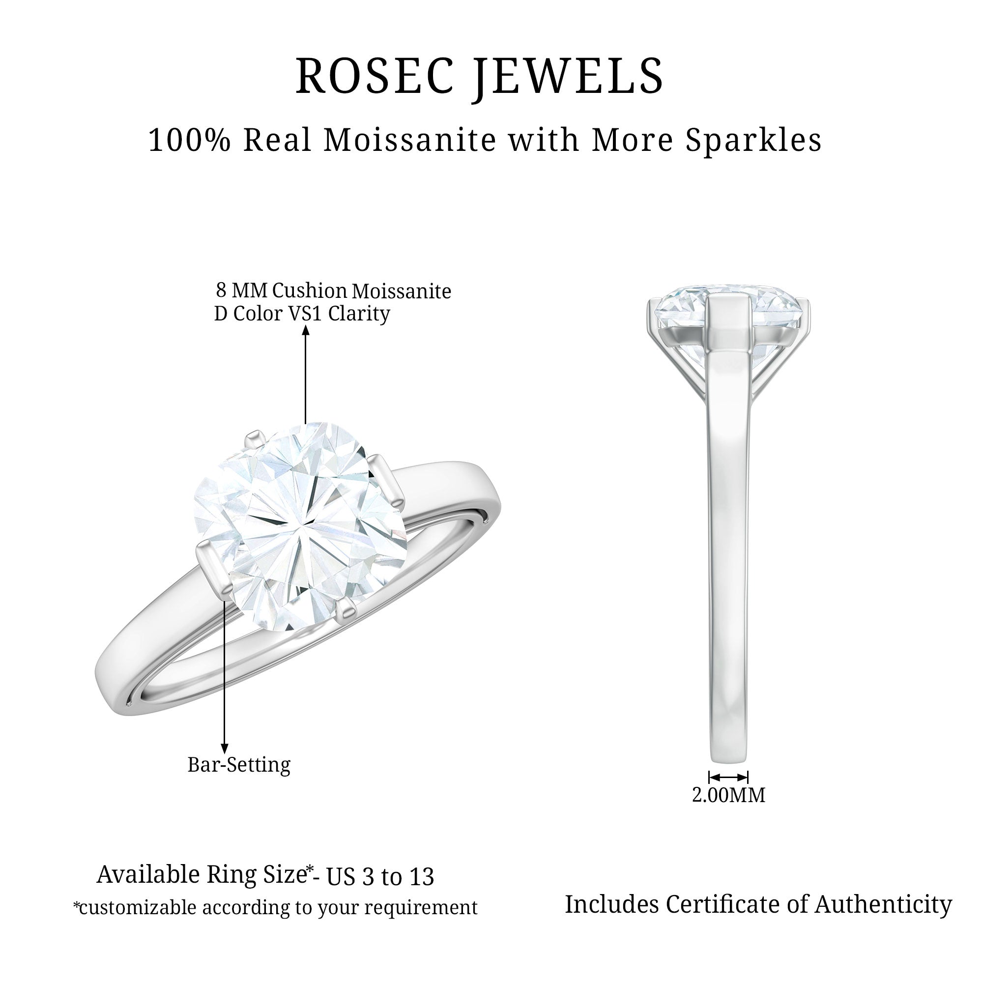3 Carat Cushion Cut Moissanite Solitaire Engagement Ring with Certificate D-VS1 - Rosec Jewels