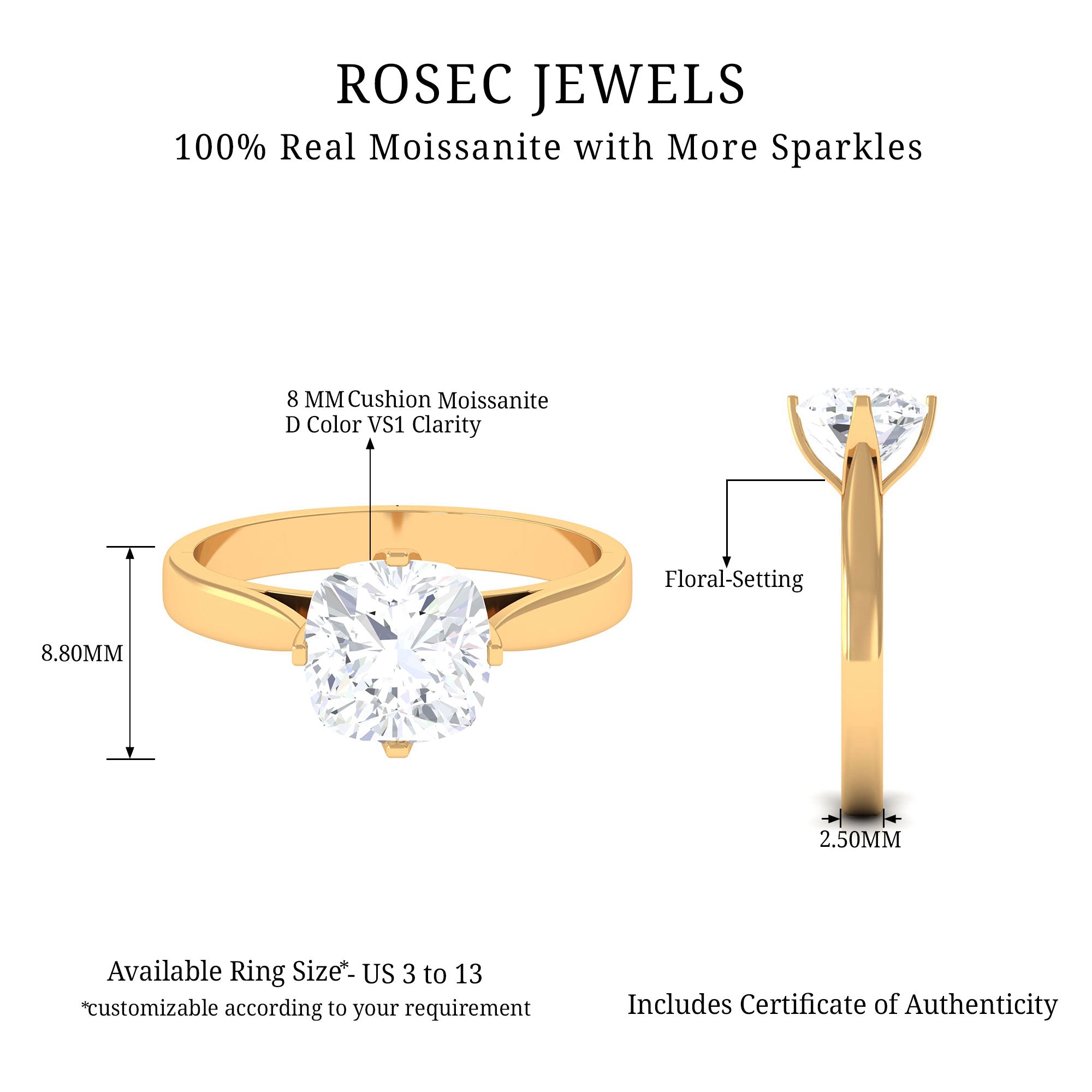 3.25 CT Cushion Cut Moissanite Solitaire Ring in Gold Moissanite - ( D-VS1 ) - Color and Clarity - Rosec Jewels