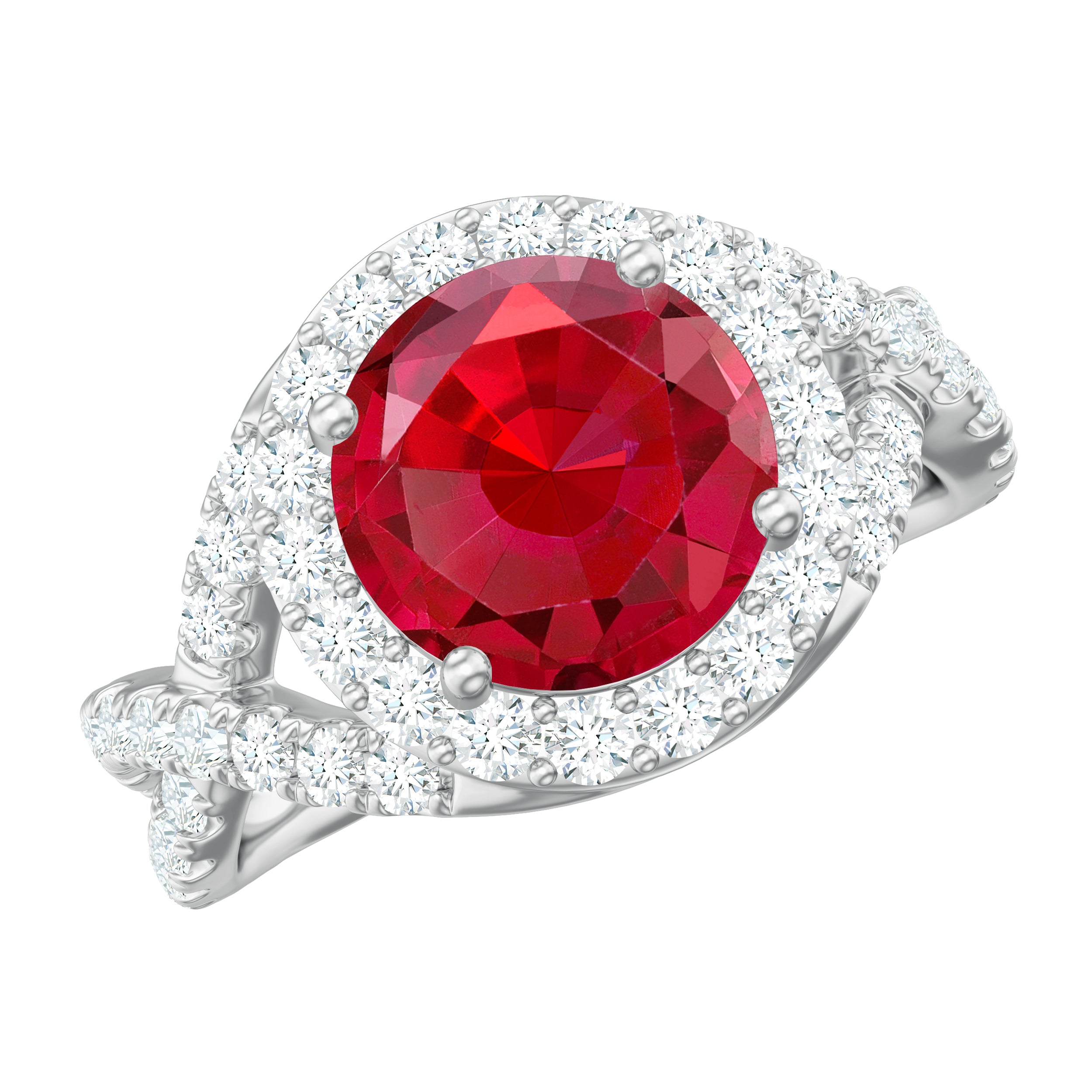 Round Created Ruby Crossover Engagement Ring With Moissanite AAAA - Rosec Jewels