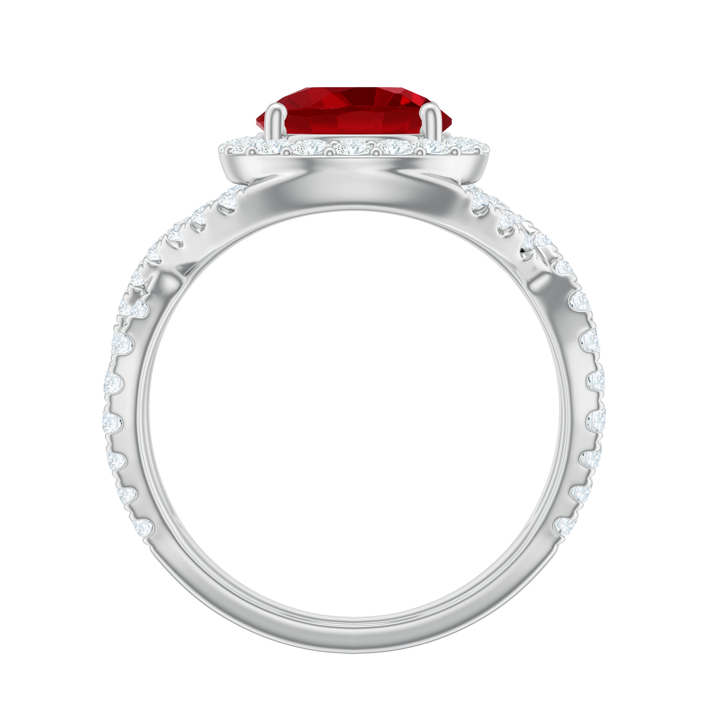 Round Created Ruby Crossover Engagement Ring With Moissanite AAAA - Rosec Jewels