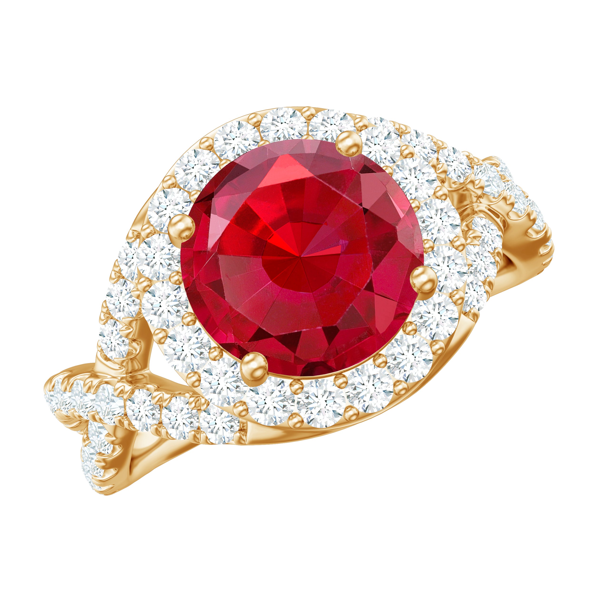 Round Created Ruby Crossover Engagement Ring With Moissanite AAAA - Rosec Jewels
