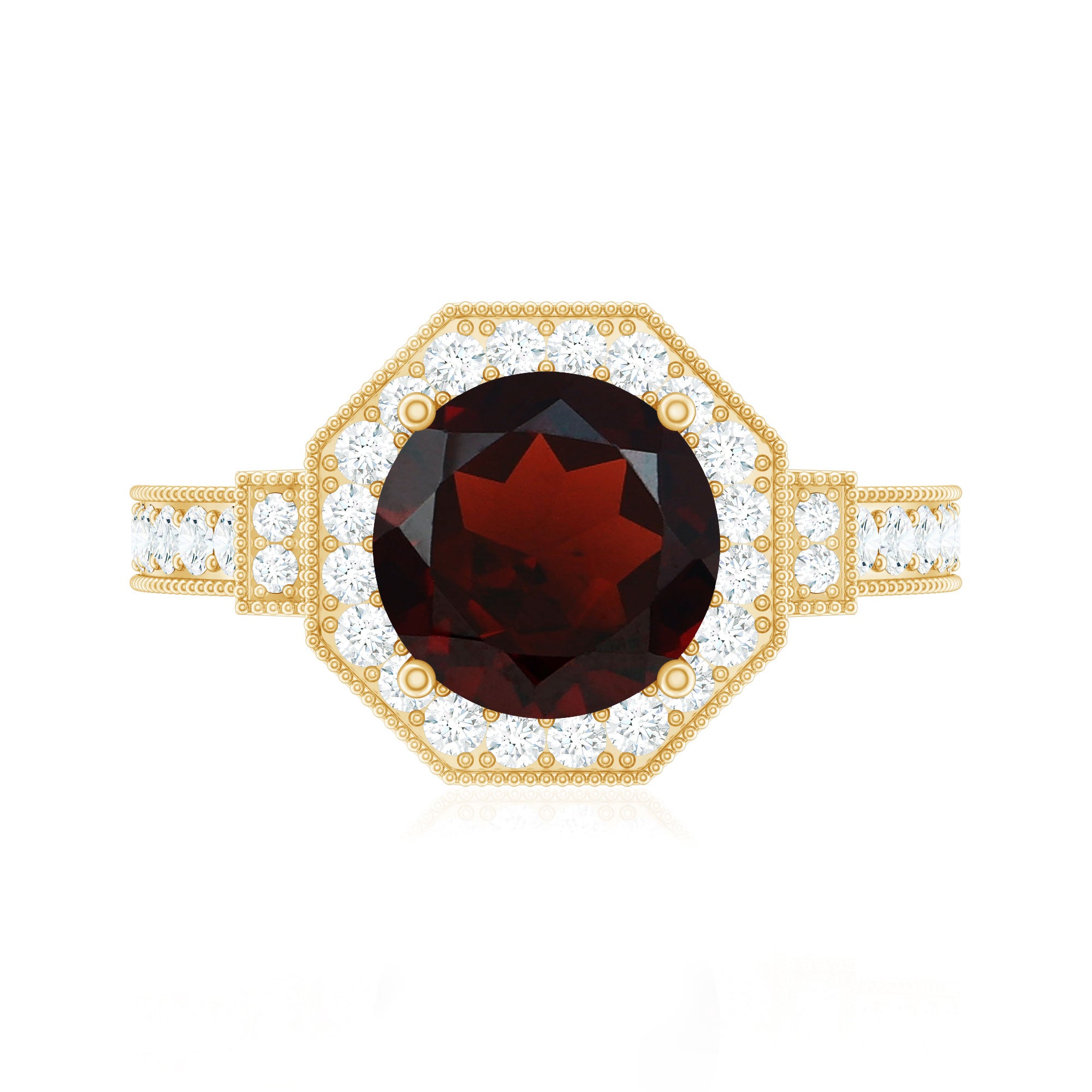 Art Deco 8mm Garnet Engagement Ring with Diamond Halo AAA - Rosec Jewels