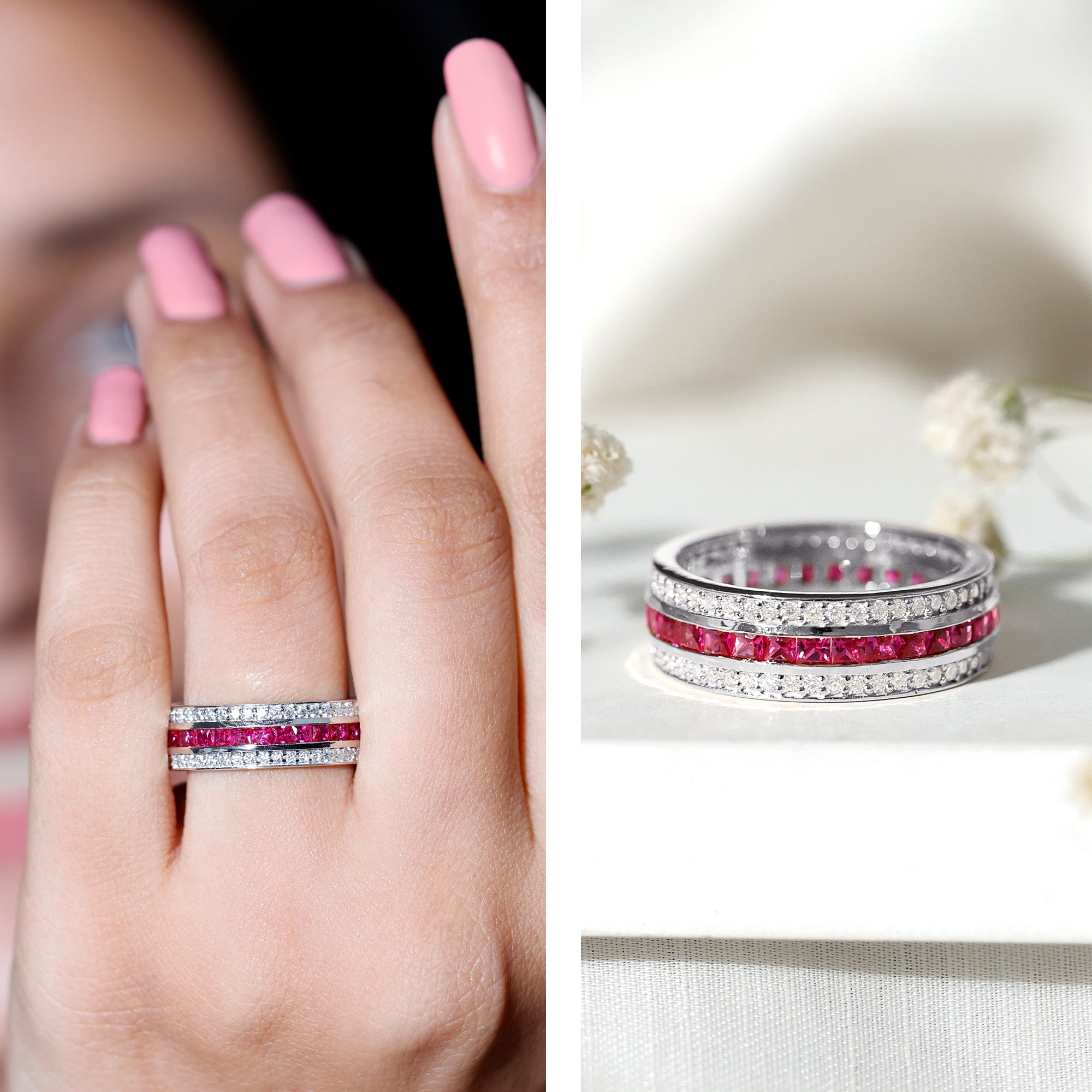 Rosec Jewels-Lab Created Ruby Three Row Wedding Band for Women