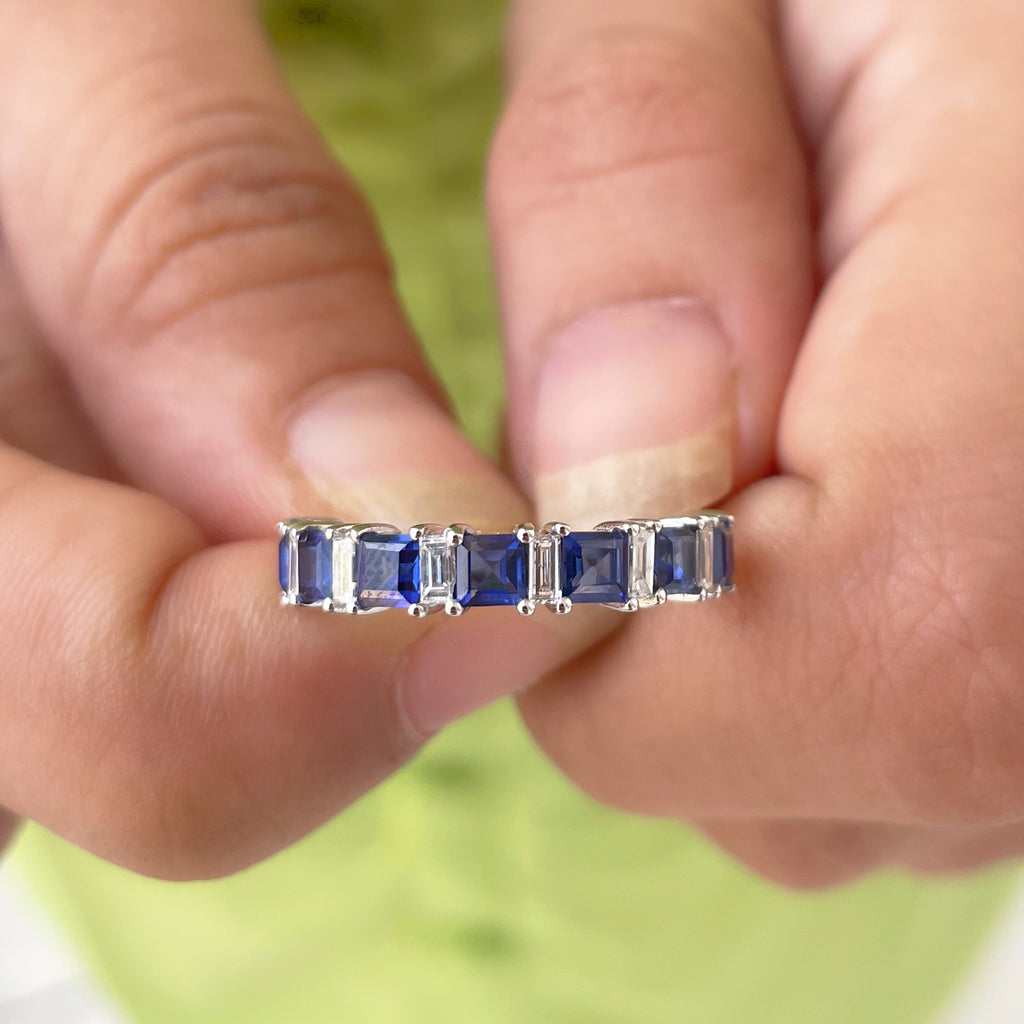 Rosec Jewels - Princess Cut Lab Grown Blue Sapphire Half Eternity Ring with Diamond